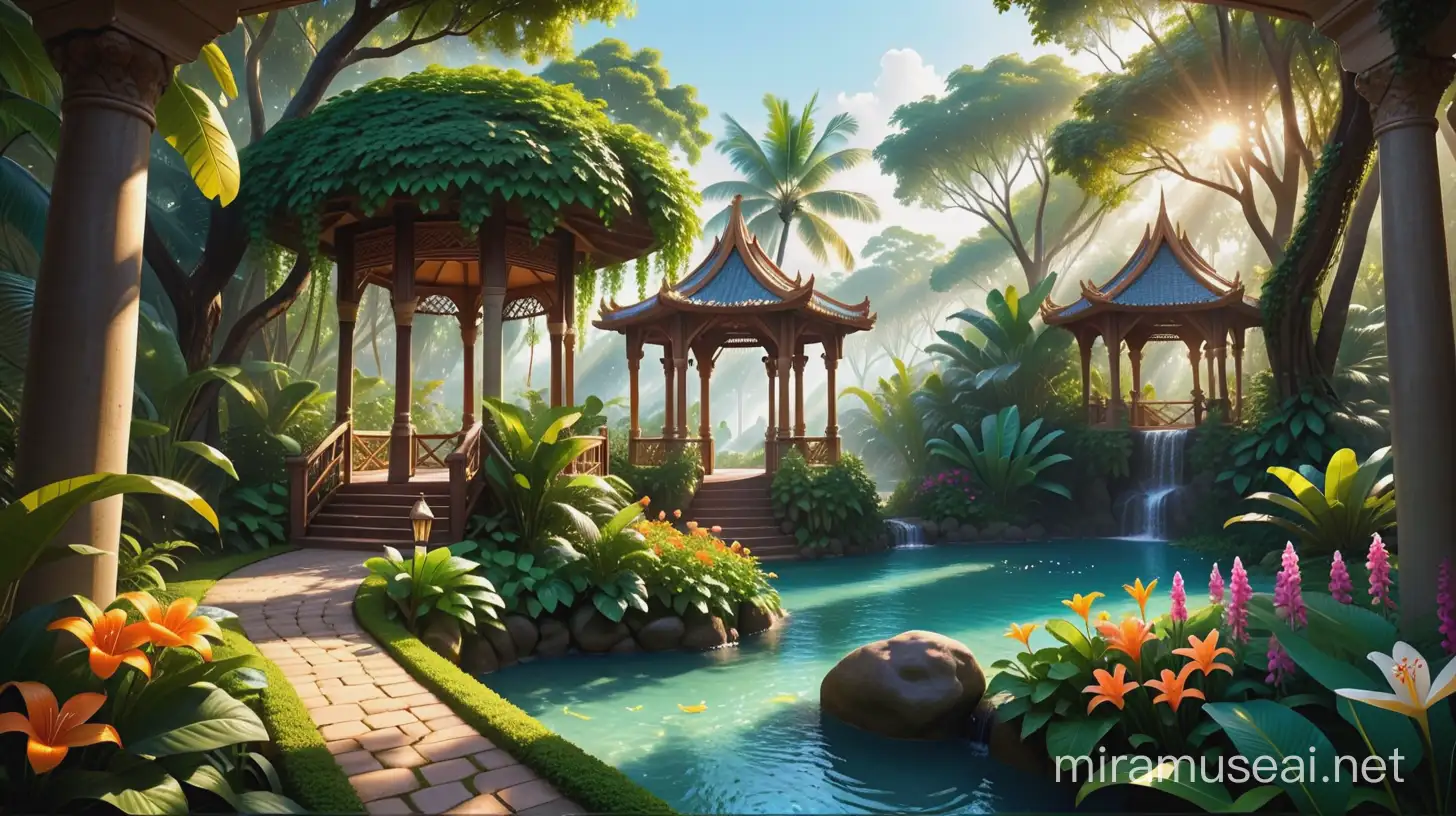 A lush and vibrant garden of paradise, filled with exotic flowers and towering trees, beckons you to explore its hidden wonders. The sun's golden rays dance through the leaves, casting a warm glow on the winding paths and sparkling streams. What secrets will you uncover in this enchanting paradise?