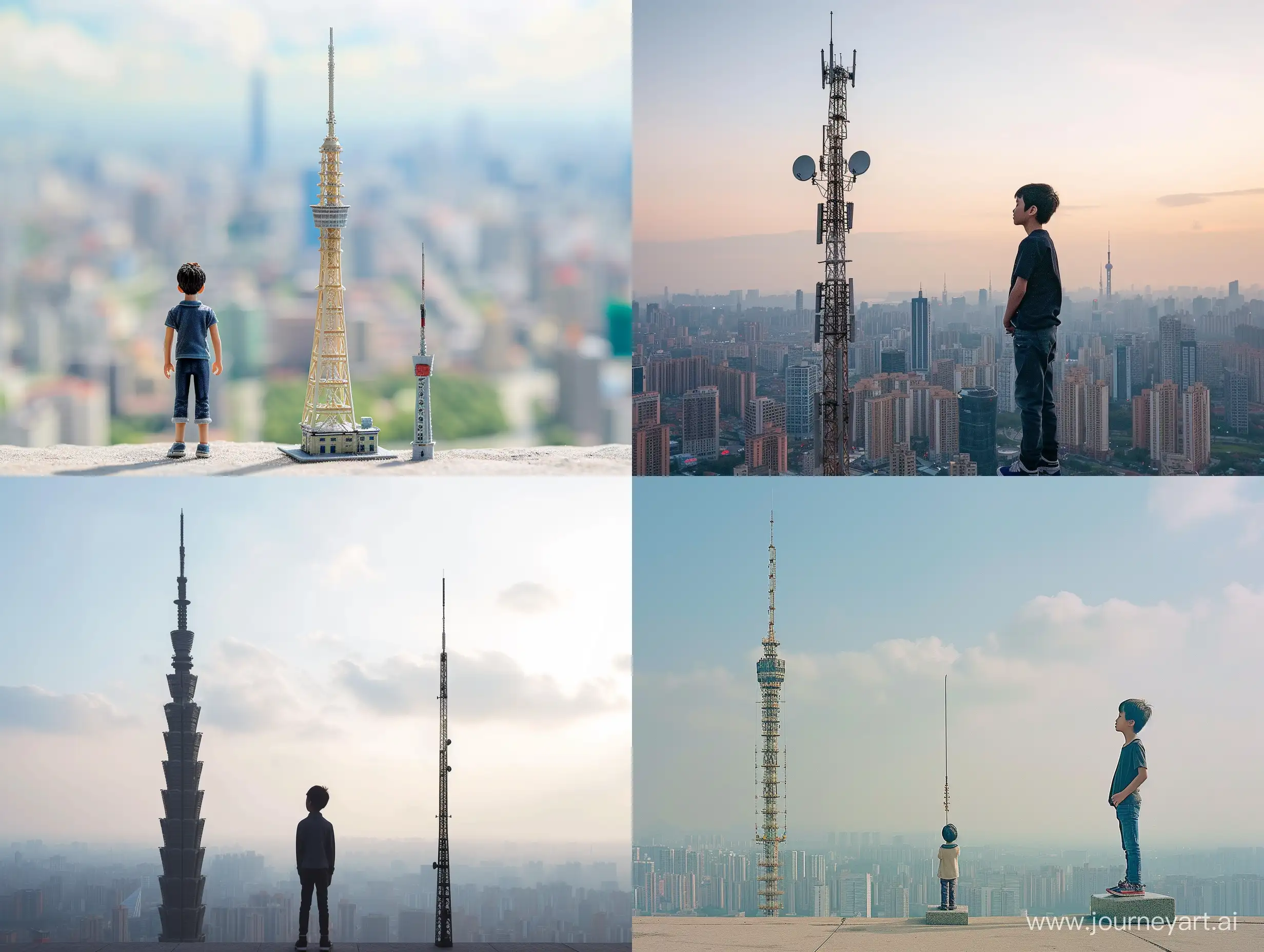 Young-Man-Comparing-Heights-at-Canton-Tower-with-City-Skyline-Background