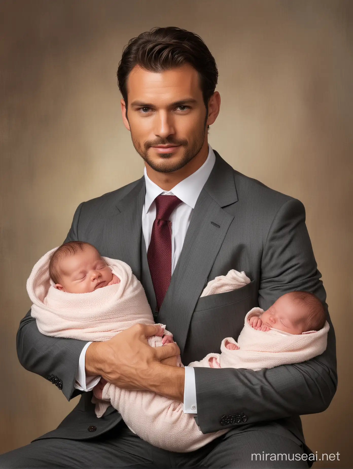Очень красивый, мужественный мужчина авторитет, сидит и держит в руках двоих новорожденных малышей