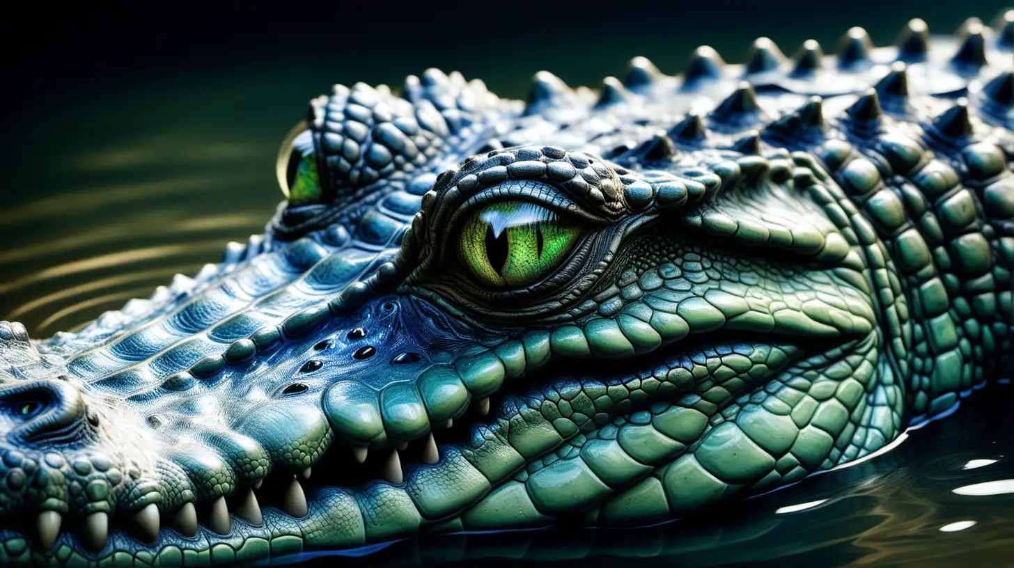 hyperreal ultra detailed close up of a aligator’s blue-green eyes emerging from the murky water