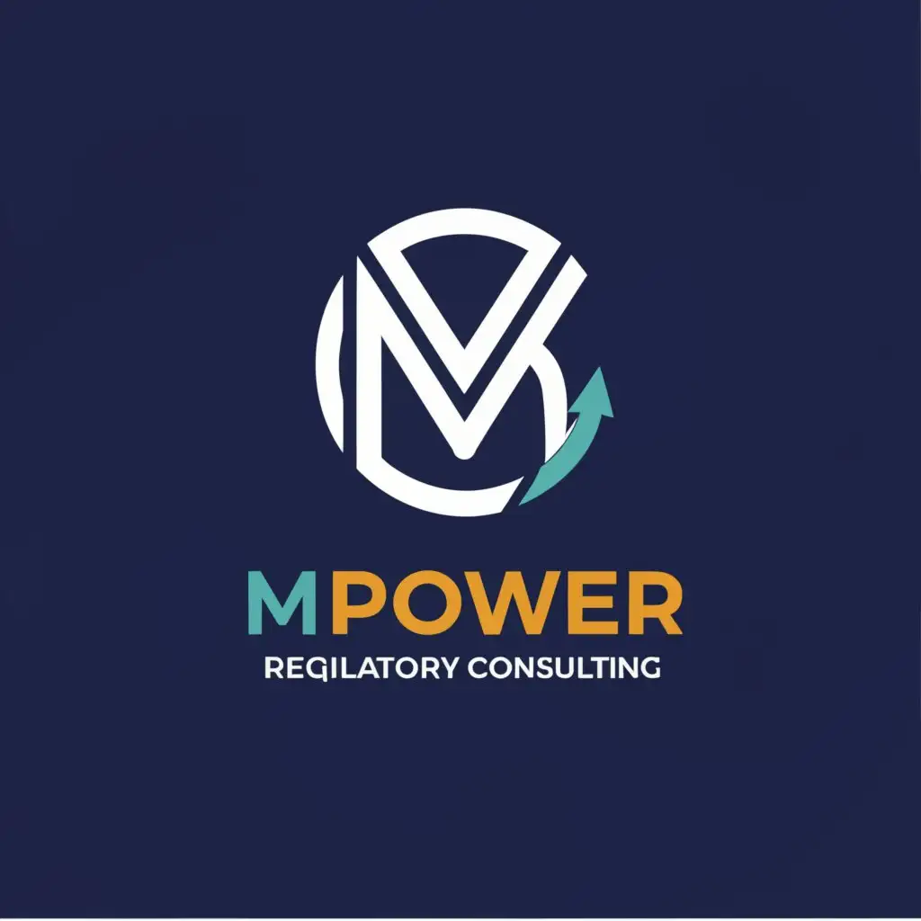 a logo design, with the text MPower Regulatory Consulting, main symbol: M in a teal green circle next to POWER, Minimalistic, clear royal blue background orange in the swish
