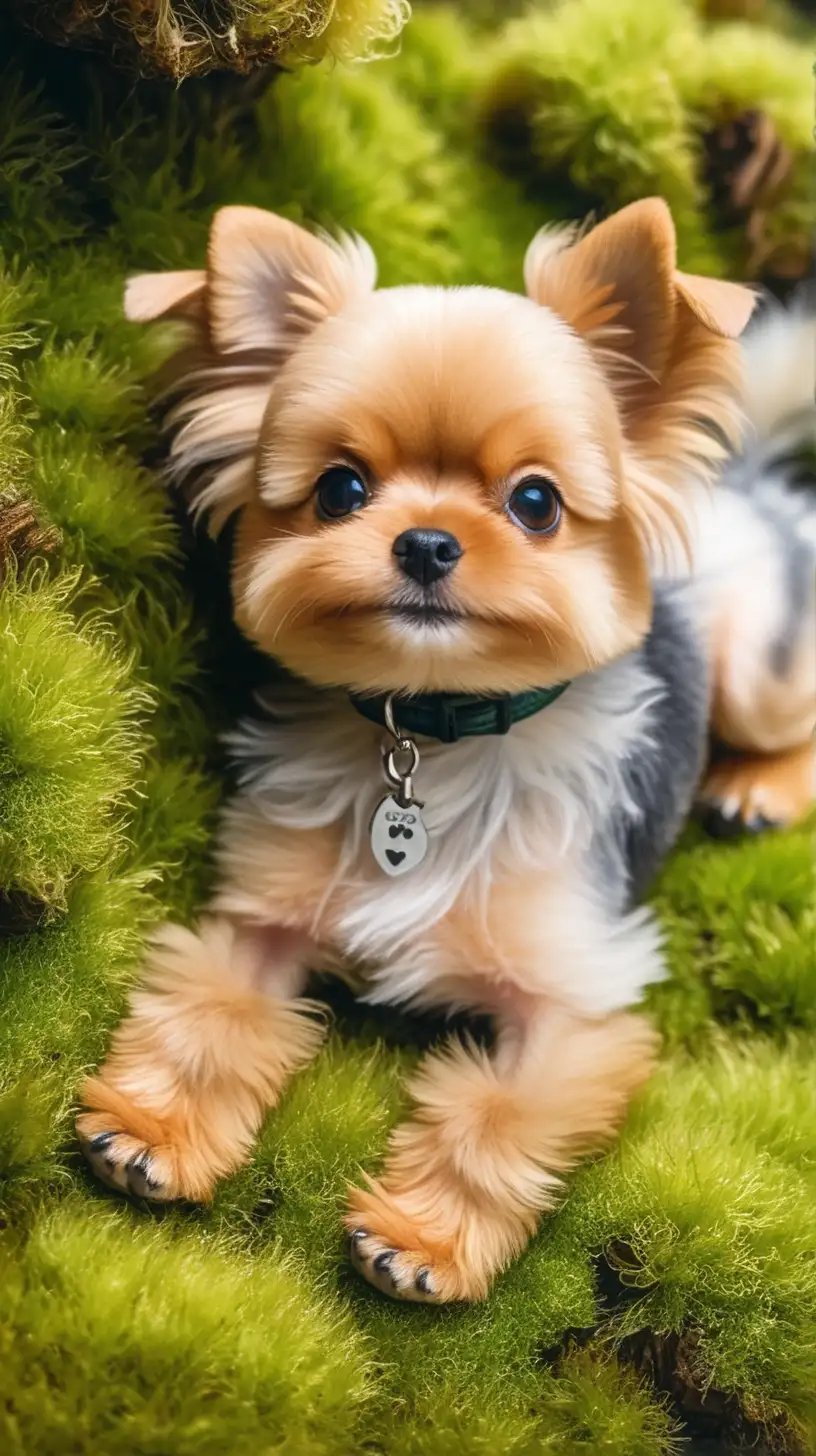 image of a small dog laying on his belly on moss and has a batch of moss between his paws