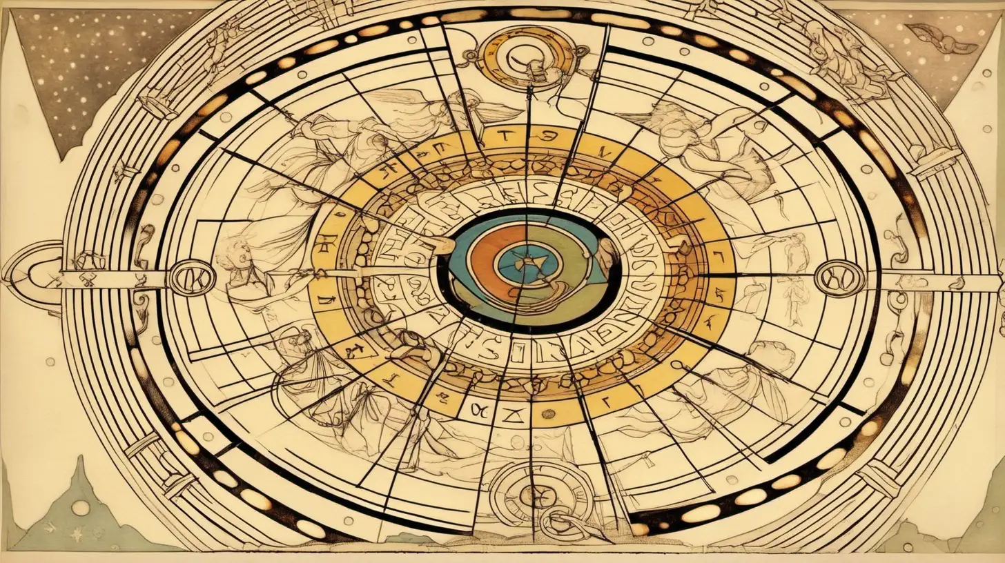 astrological wheel withman and female flying around the wheel, muted colors, loose lines