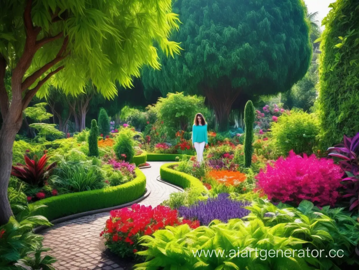 красивый сад,яркие  цвета,много зелени,деревья,человек 
