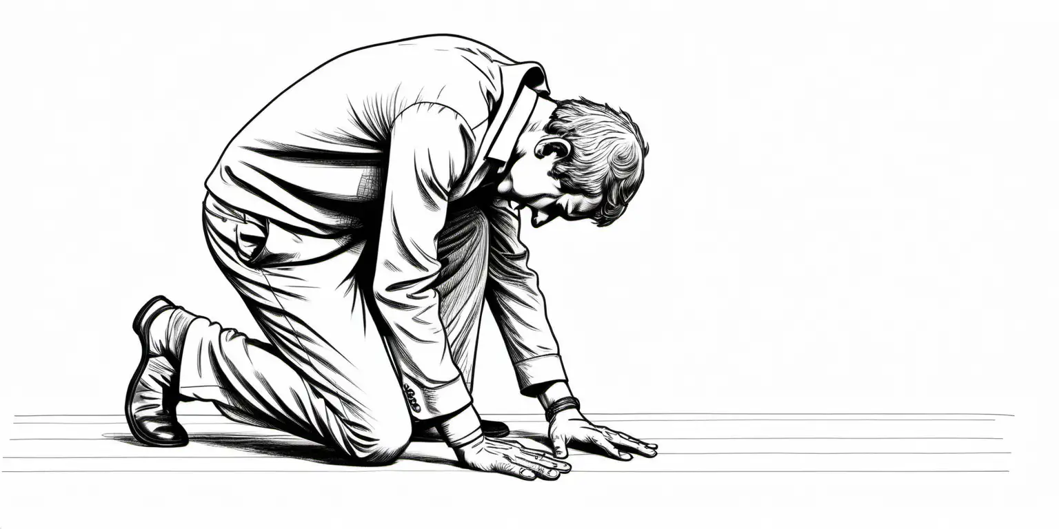 Line drawing of a man bowing down, hands 