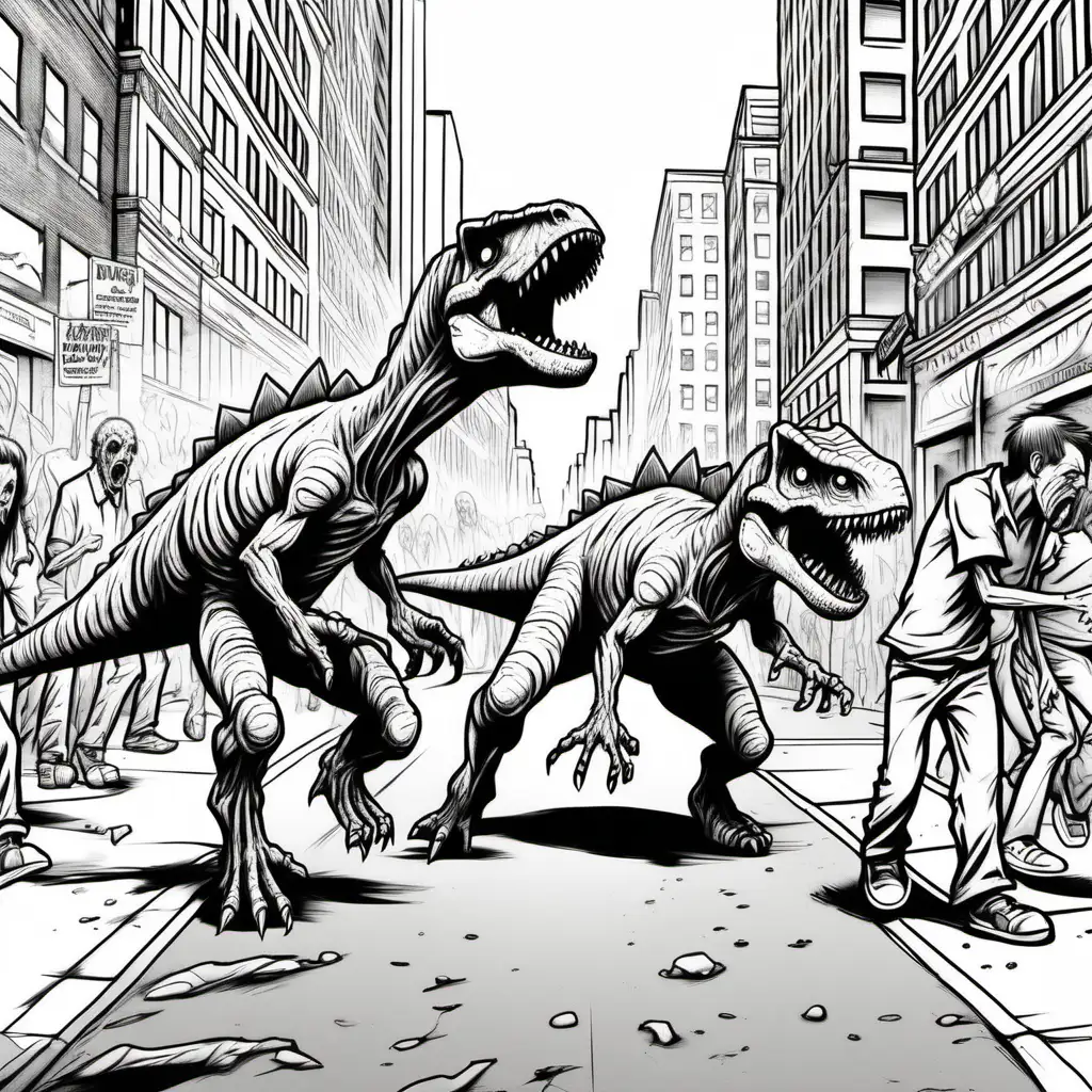 two zombie dinosaur chasing people on the street NYC near a crowd of people, dark lines, no shading, coloring pages for children
