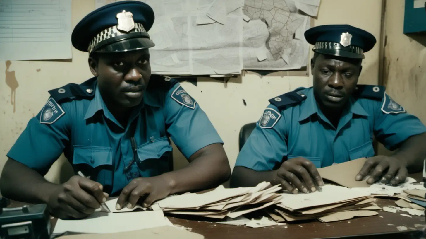 two african policemen, sitting at a desk in a very messy dirty and busy police station.

vintage look 16mm film

they are sorting photos from a speed camera
