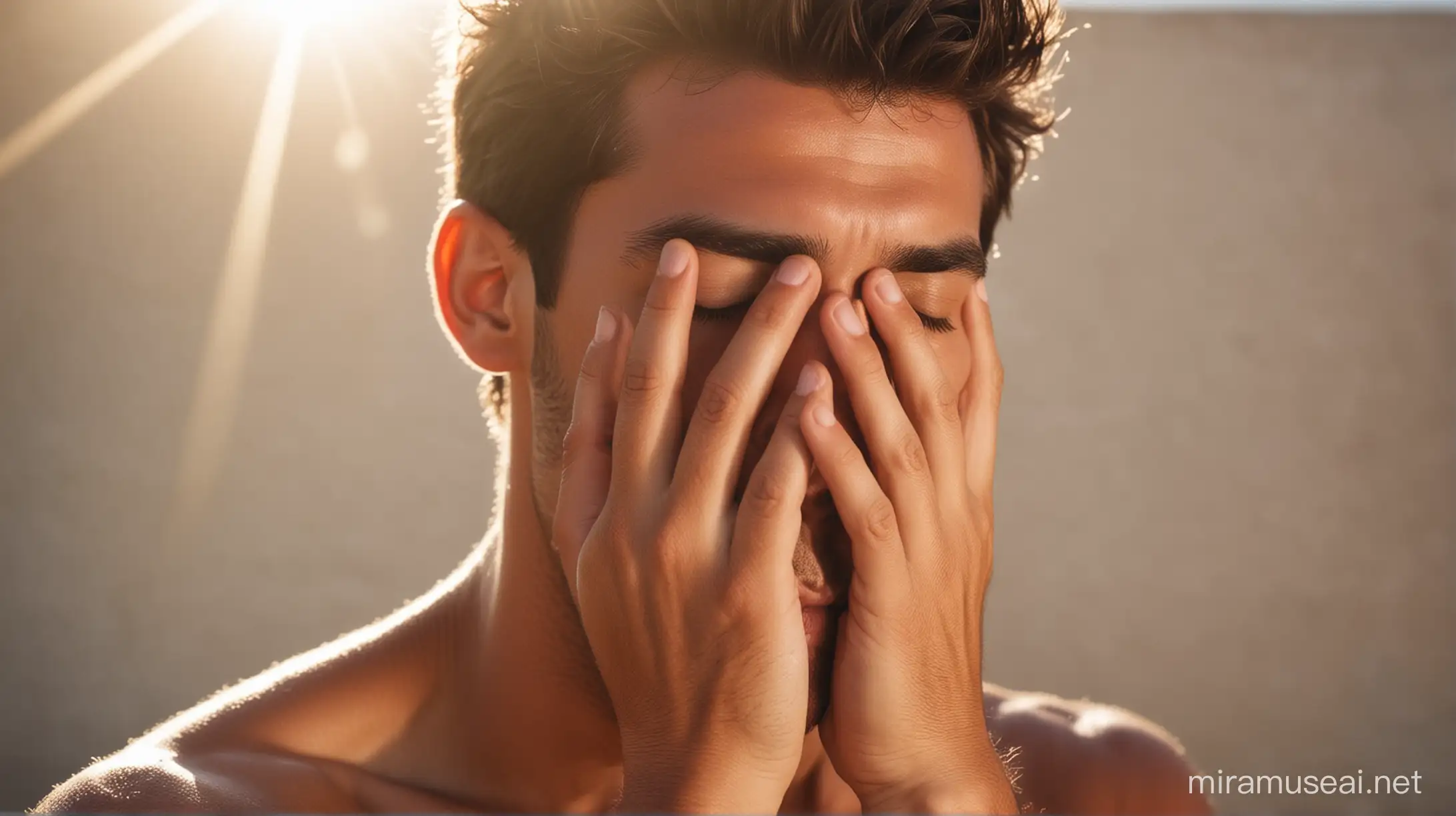 please create a poc where man is hiding their face because of harsh sunlight and show its a summer and hot weather
