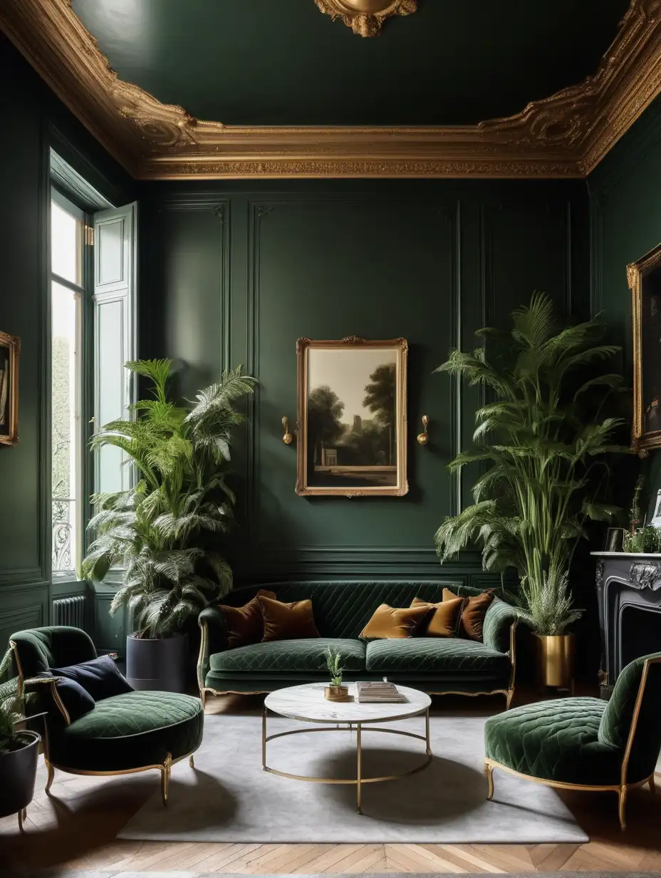 Chic Parisian Interior with Minimalistic Velvet Sofa and Vintage Brass Accents