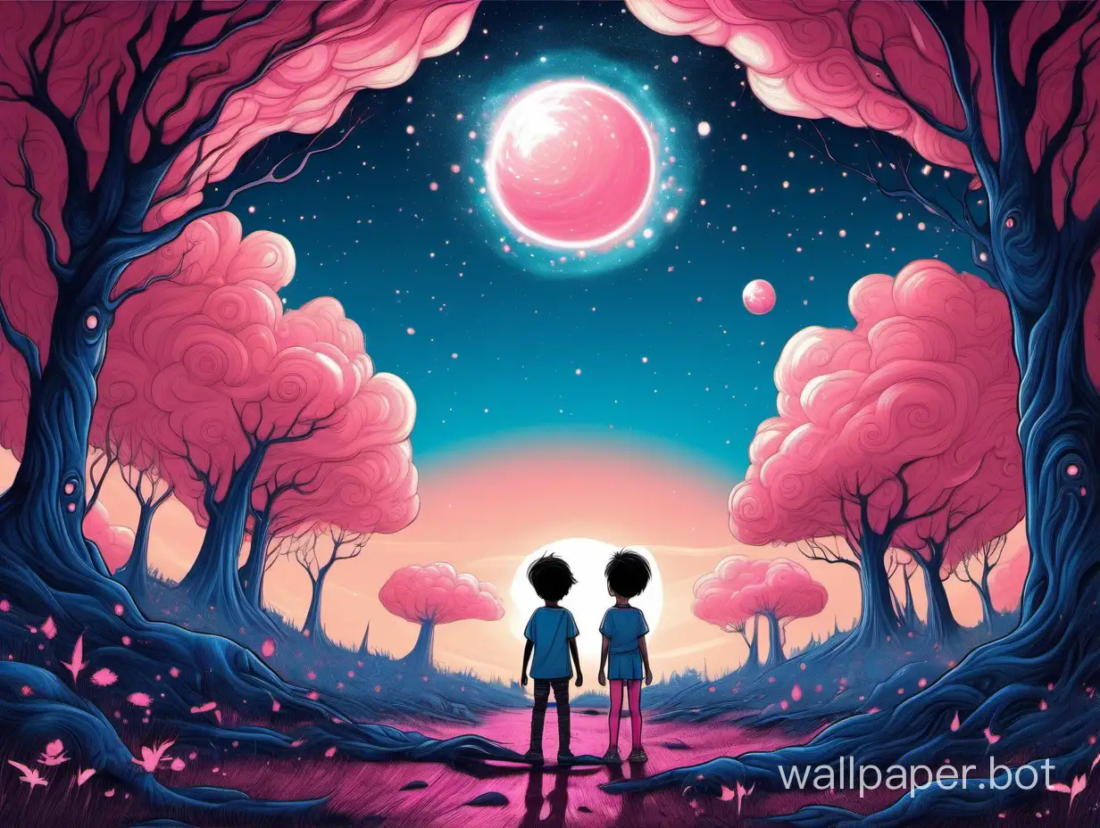 The boy and the girl in the strange forest met a mysterious alien under the dark blue sky with two suns and pink clouds.