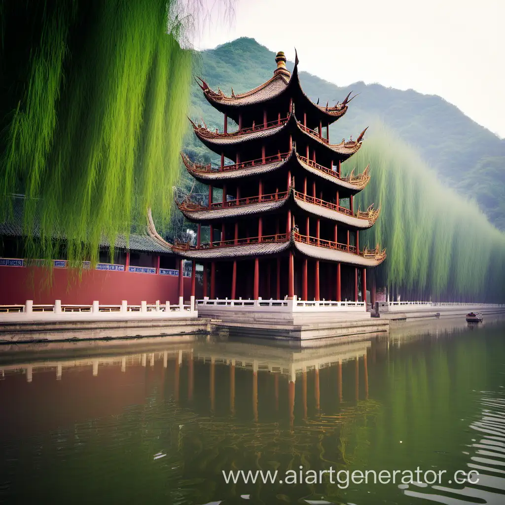 храм в Китае у реки с бамбуком