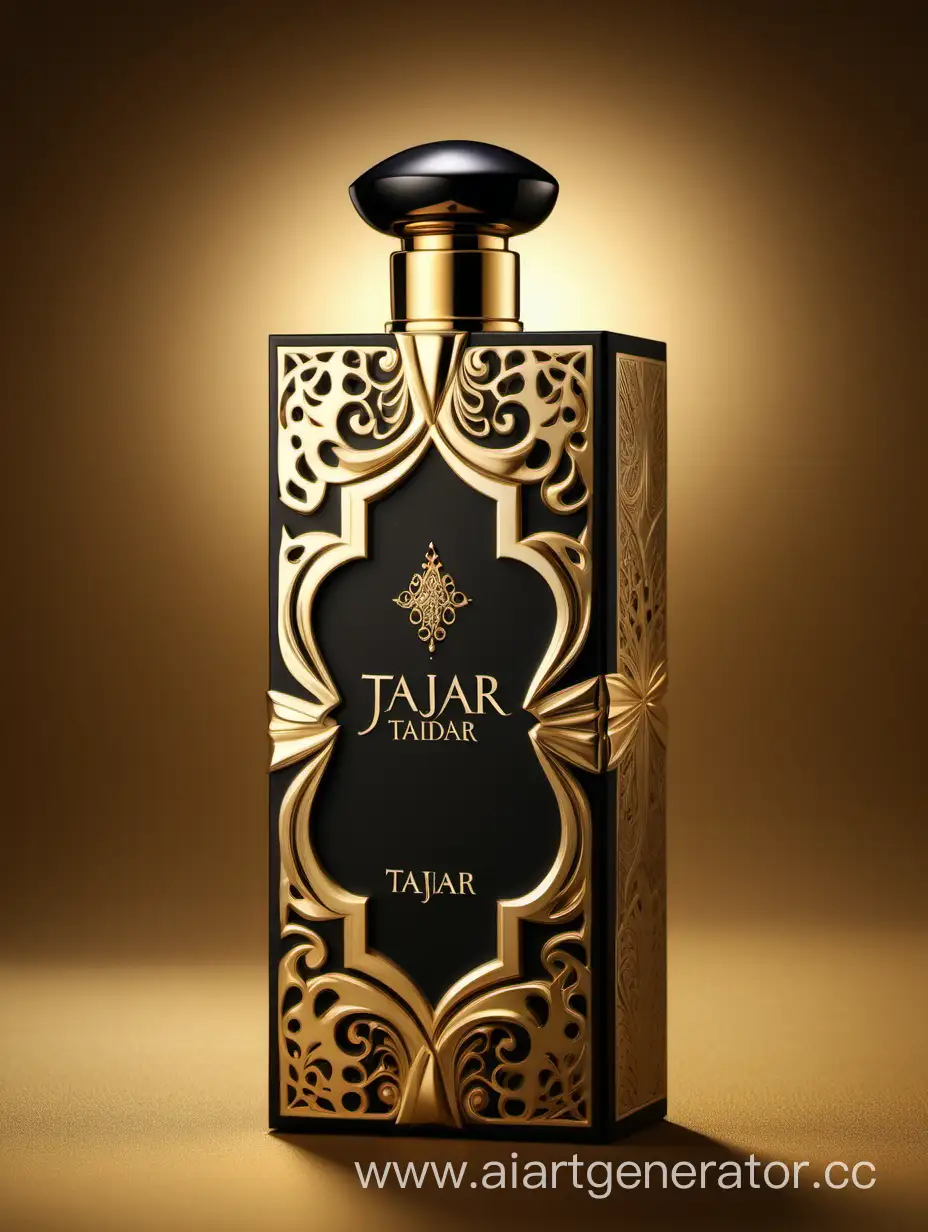 Box package design of perfume TAJDAR product, elegant, trending on artstation,   sharp focus,   studio photo,   intricate details,   highly detailed,   gold, Royal black and beige color on gold background