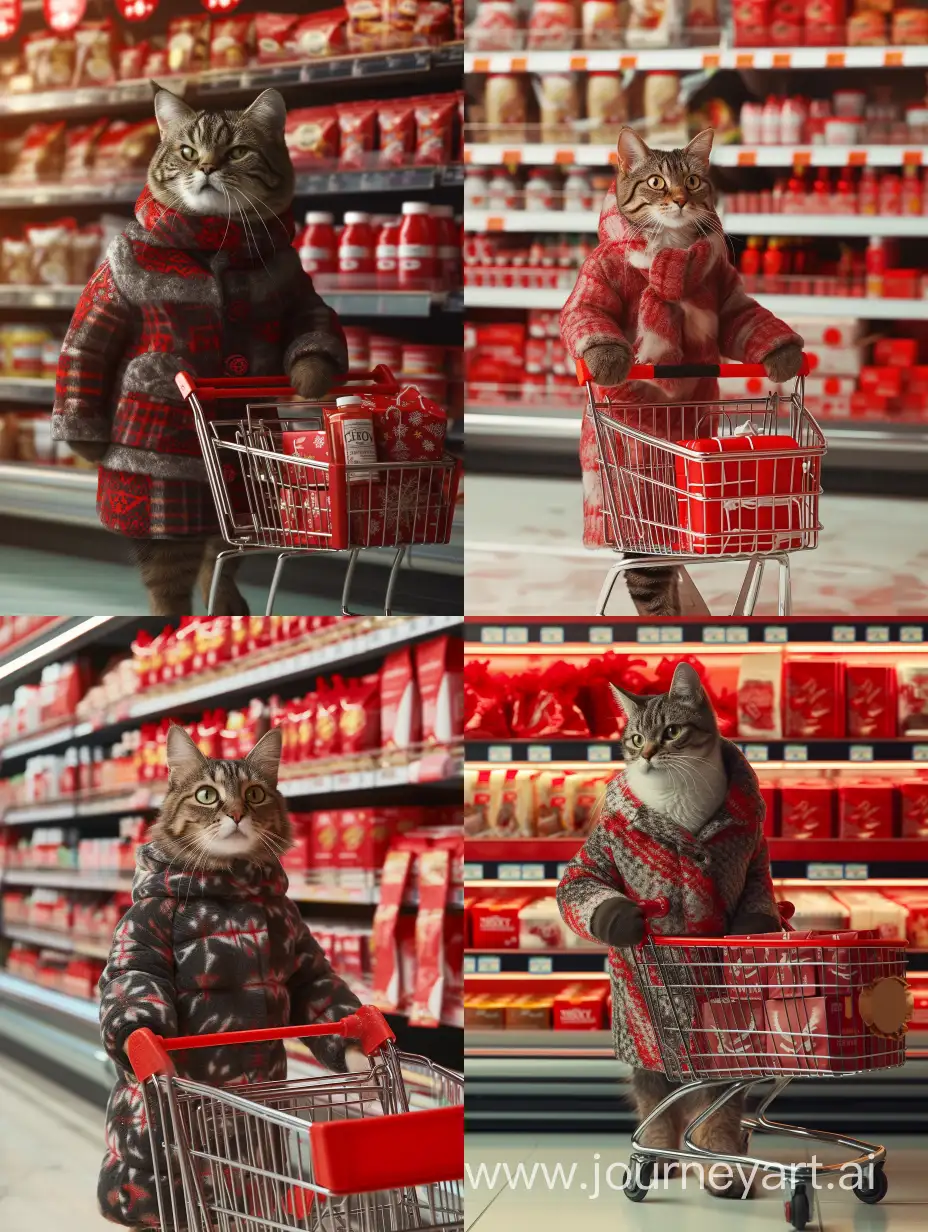 一只猫咪穿着时尚冬天服饰，推着购物车，站在超市的货架前挑选新年礼物，货架上摆放着红色包装的商品