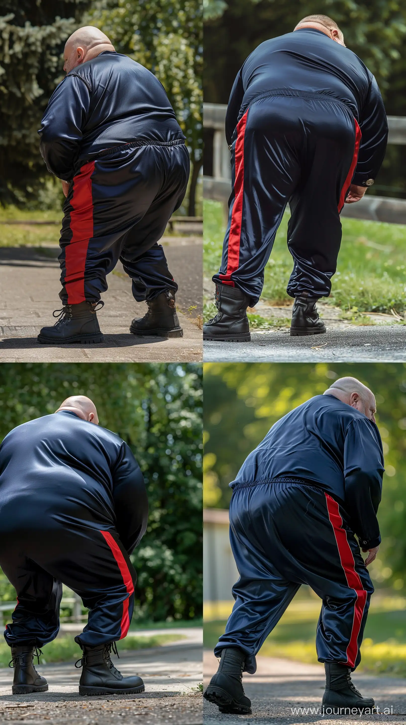 Back view photo of a very  fat man aged 60 wearing a silk navy royal tracksuit with red stripe on the leg. Black tactical boots. Bending outside. Summer. --style raw --ar 9:16