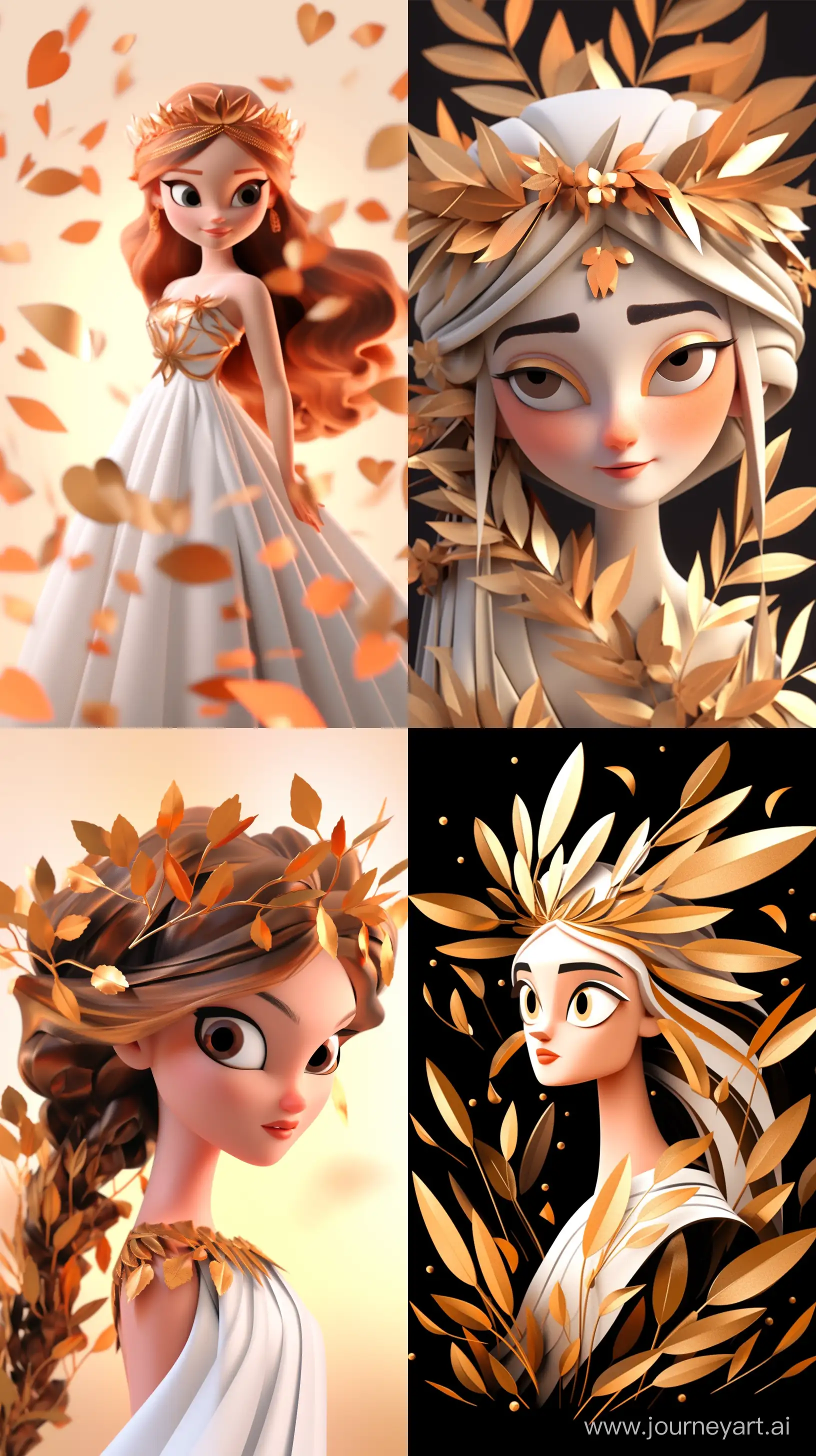portrait of a greek goddess, being with nature, in the style of white and black and gold and orange, 3D animation, pixar style --niji --ar 9:16