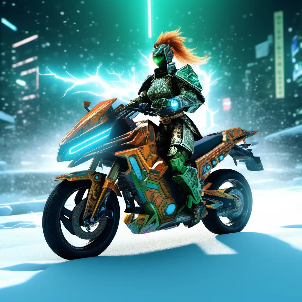 high definition simulation of a video game riding Mount  gameplay screen with a cyberpunk Samurai ninja Robotic zord motorcycle
 leopard with anime hair With glowing lightning fists wearing a beautiful frozen kimono with green black and orange blues snow sacred geometry and armored shoulder guards