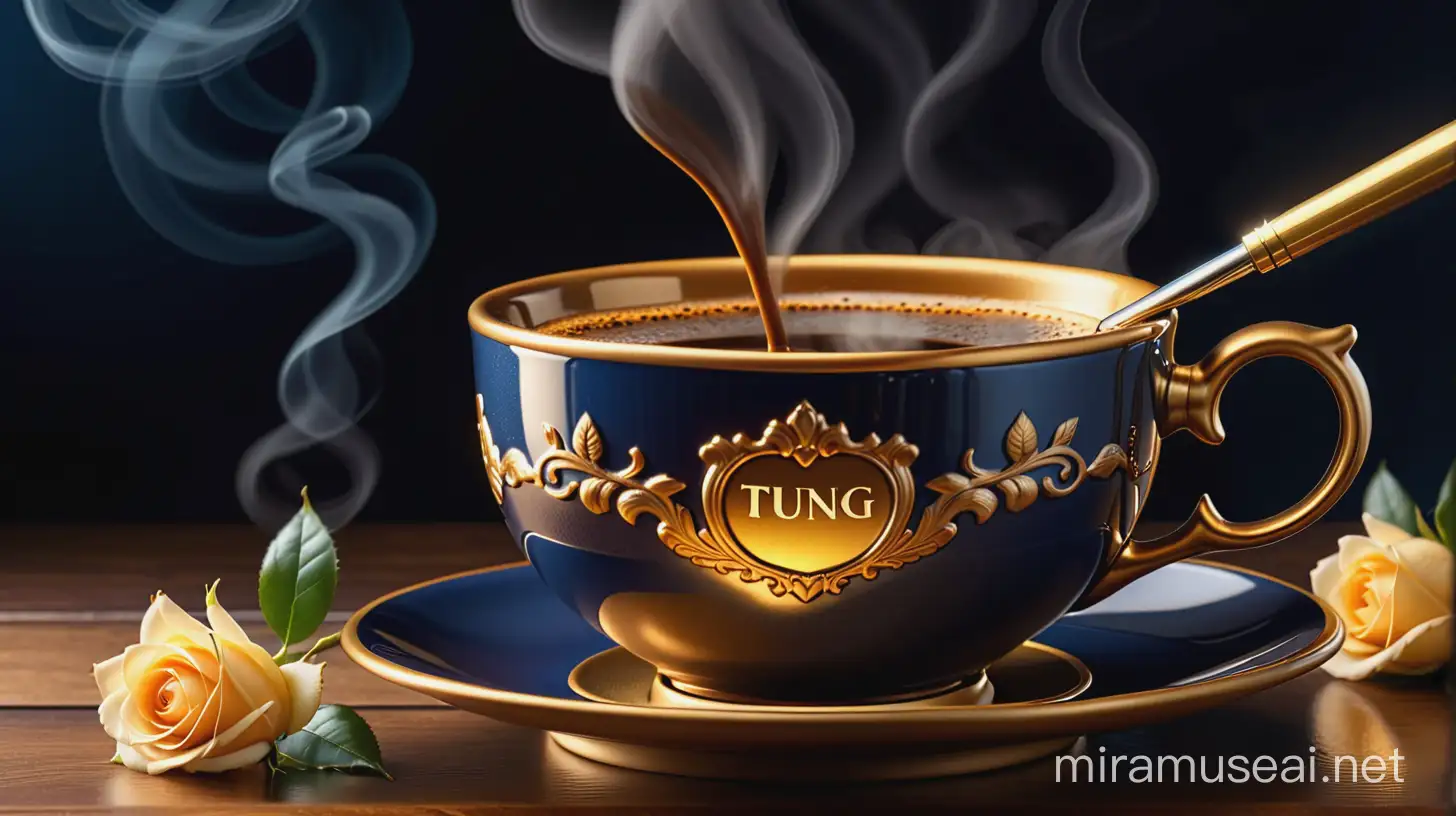 Create a hyper realistic HD image of golden cup with coffee with steam, the steam making a word "Tung Tran" from steam, near a golden pen golden roses background deep navy blue, golden colour light reflection, ultra HD 64k hyperrealism light reflection