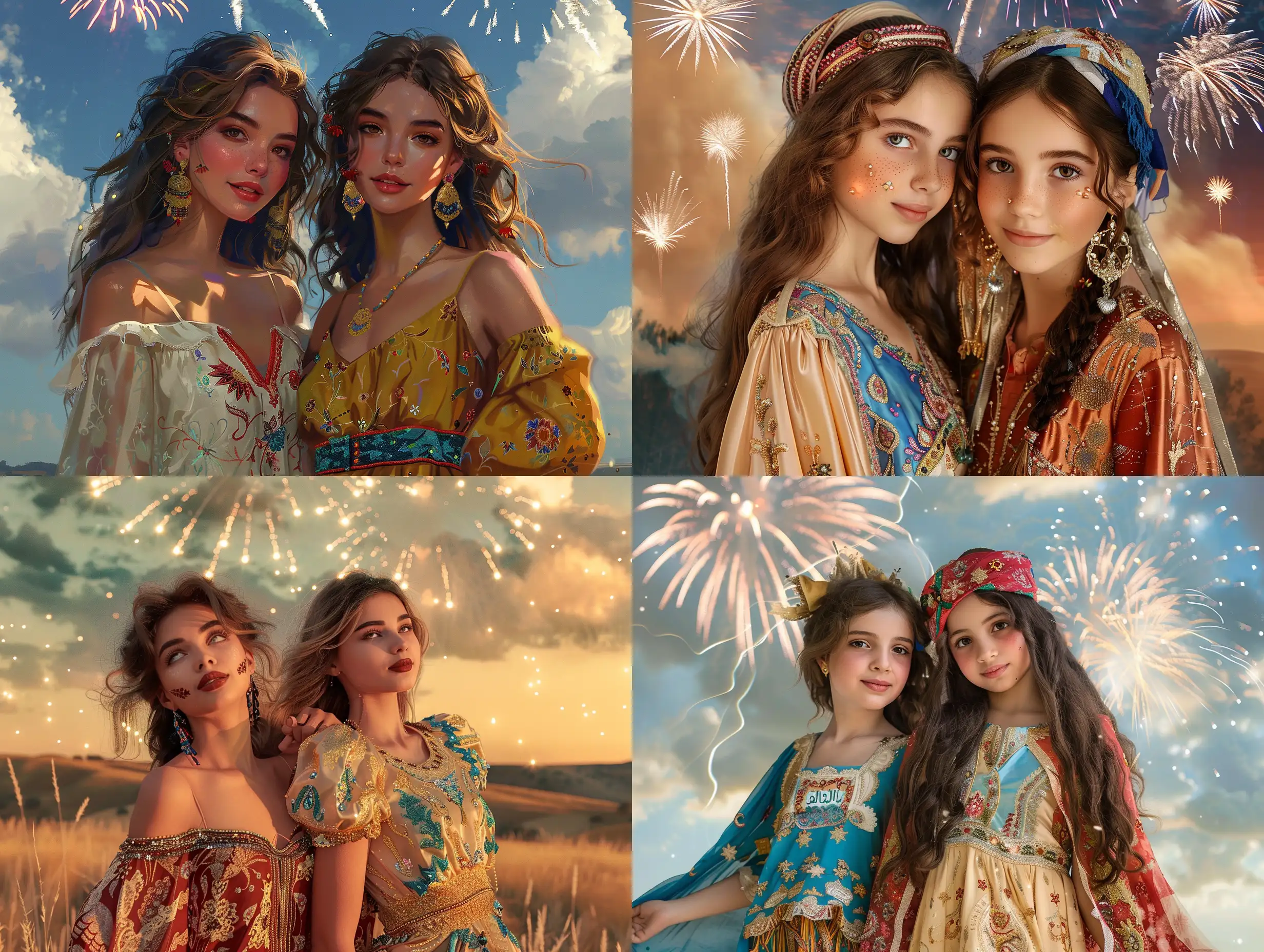 Two girls with Arab features wearing Eid clothes, their dresses are bright in a European style, one Gypsy month, happy with Eid, and fireworks decorate the sky in an extremely beautiful and very realistic overhead scene., Portrait, Realism, Keyshot, Normal perspective, Mirrorless Camera, Natural Light, Delight,

