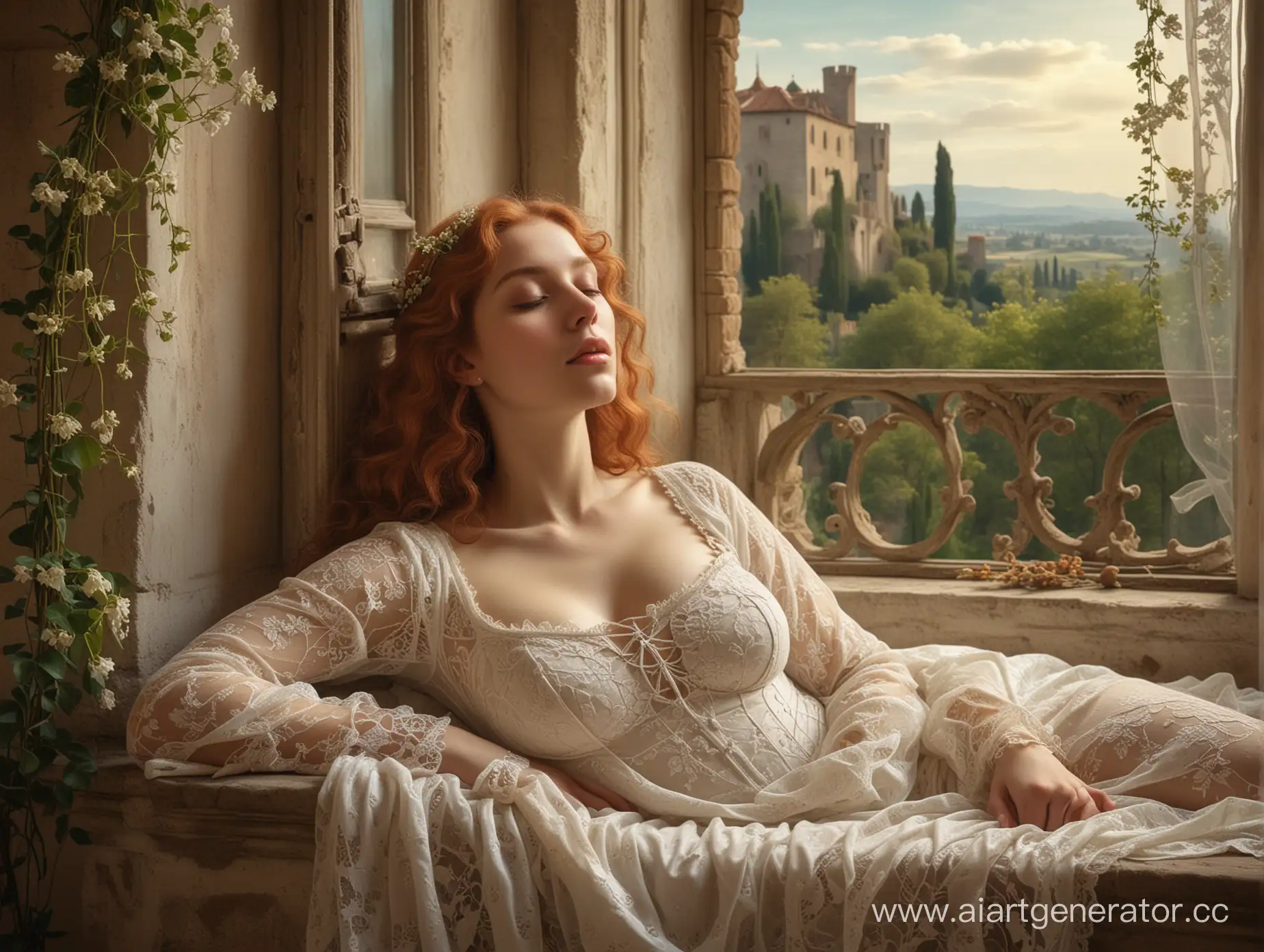 medieval castle in the backbround, lace, light falls from the window, open eyes, spring, big breast, style like sleeping venus Giorgione, stile of penture Boticelli