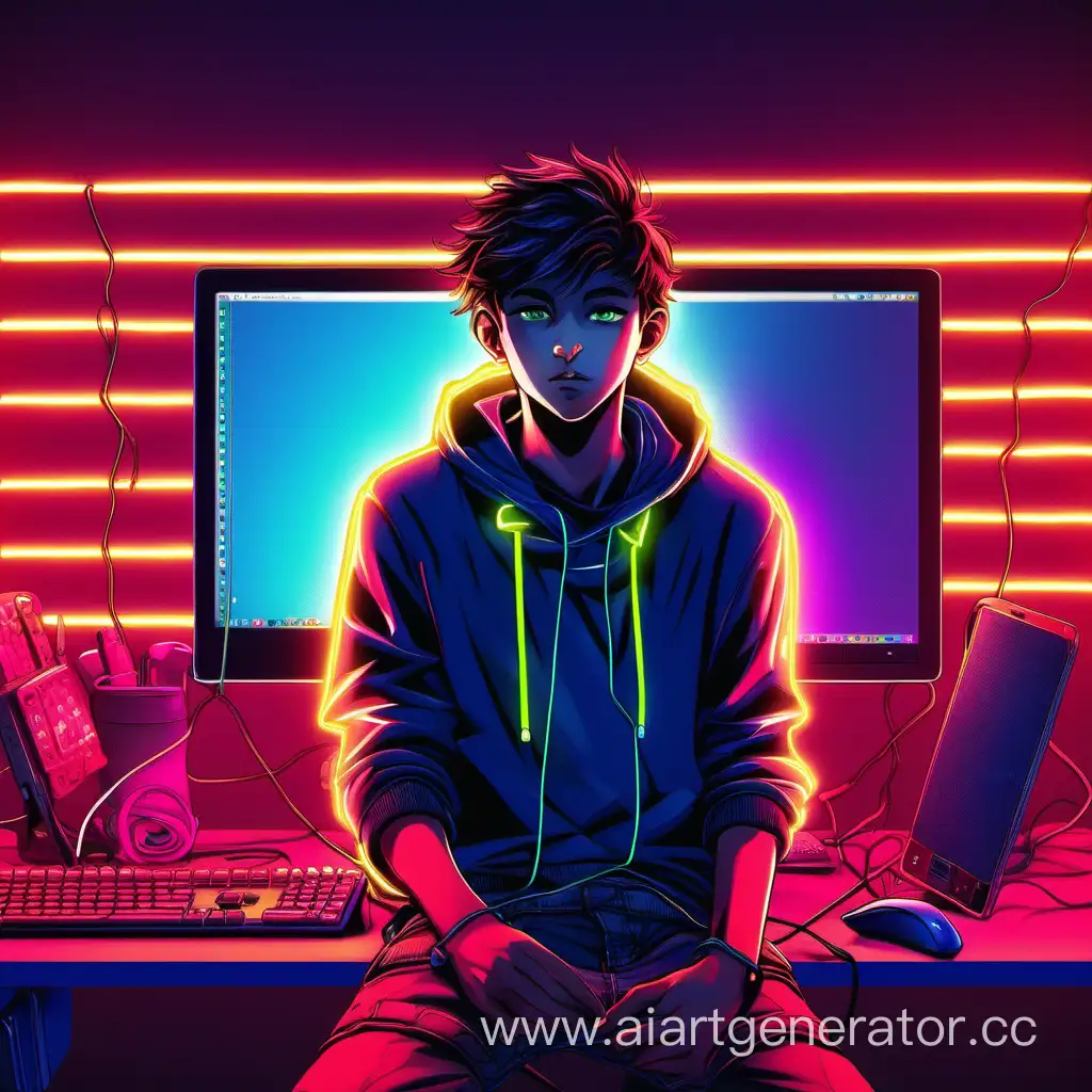 Teenager-Engrossed-in-NeonLit-Digital-Realm
