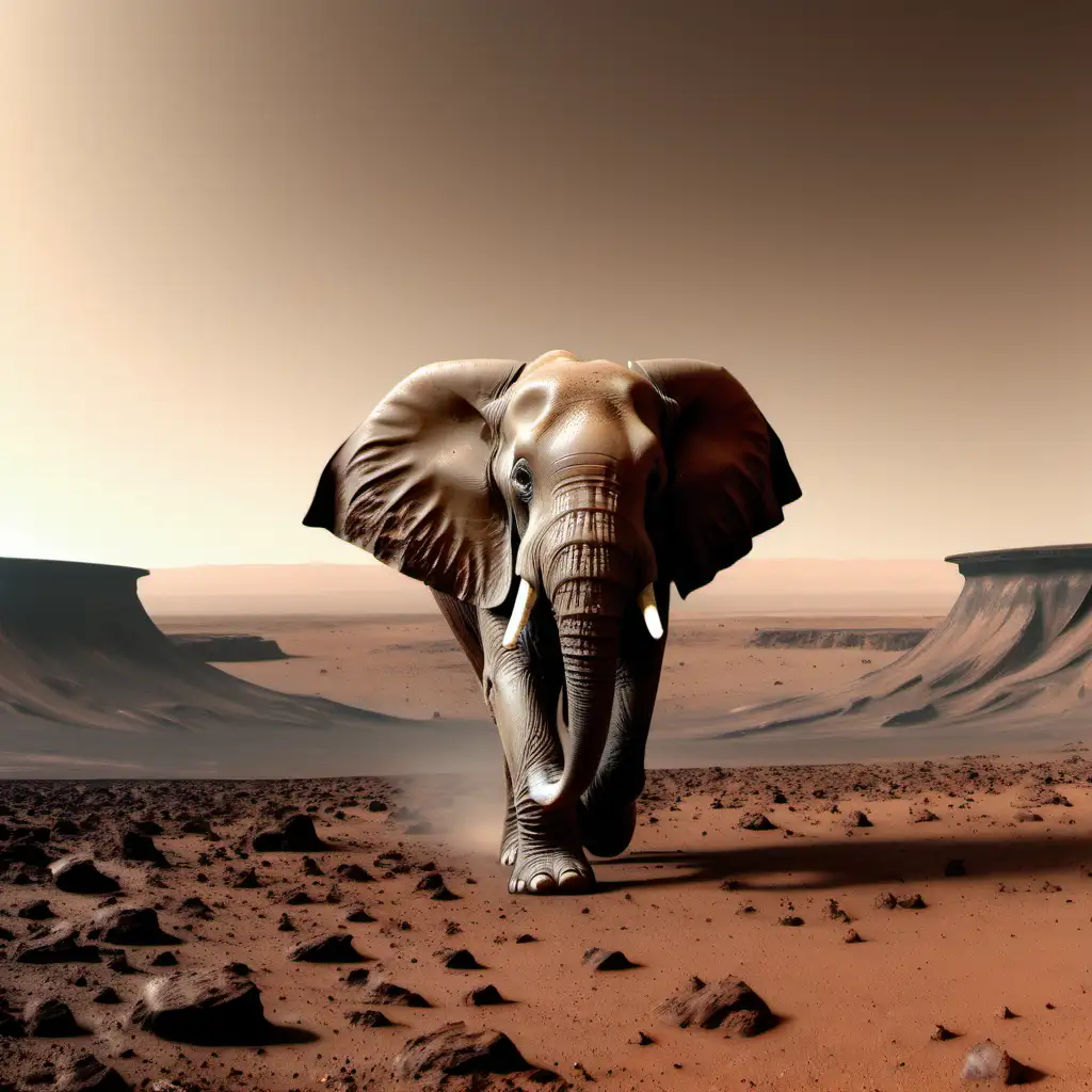 An elephant walks in the foreground on Mars
