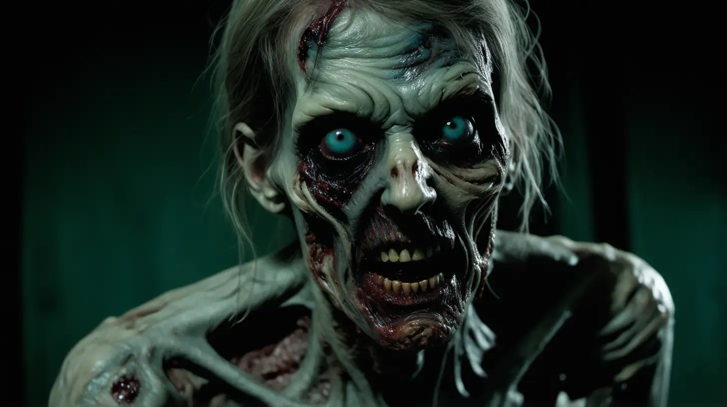 The image, set against a green screen background, showcases a close-up of a figure that displays classic zombie features. The skin is an ashen blue-gray, stretched tightly over the face, highlighting sunken features and pronounced bone structure. Dark, hollowed-out eye sockets and a gaunt expression contribute to a macabre and unsettling appearance. Blood and what could be decay marks stain the skin, giving a gruesome and visceral look that is often associated with the undead in horror fiction.

The figure is centered in the frame, focusing the viewer's attention directly on its face. The shallow depth of field blurs the background, where silhouettes of other figures can be vaguely discerned, suggesting that this character may not be alone. The lighting is dim with a cold, almost clinical hue, casting subtle shadows that accentuate the textures and contours of the figure's facial features.

The overall composition and the elements of the shot work together to evoke a sense of dread and foreboding typical of the horror genre, where such creatures are commonly featured. The choice of close framing intensifies the impact of the figure's ghastly visage, creating an immediate, confrontational effect that could be unsettling for the viewer.