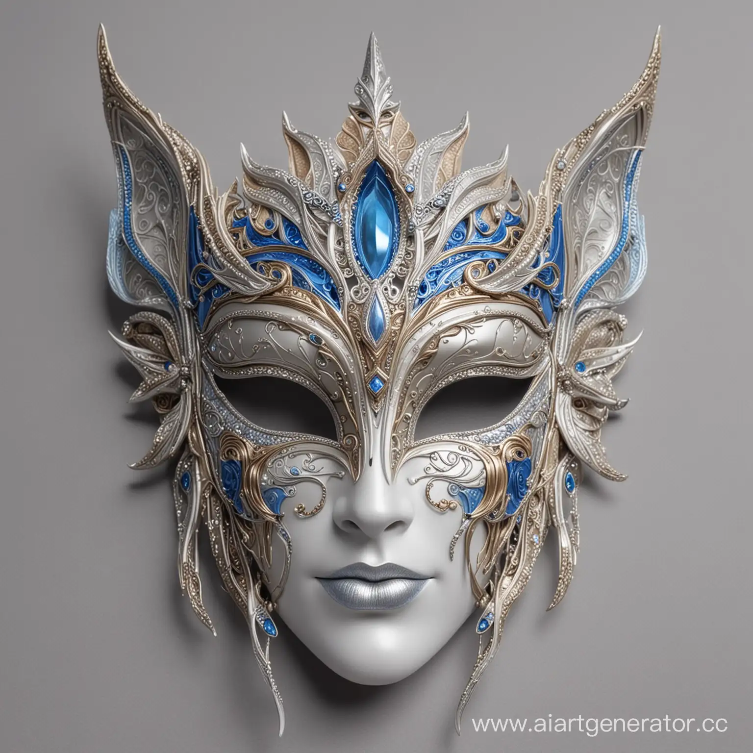 Маска прекрасной королевы эльфов ,  сложно выполненная, в фантазийном стиле , в серебряном, бежевом,  голубом, белом,  коричневом цвете