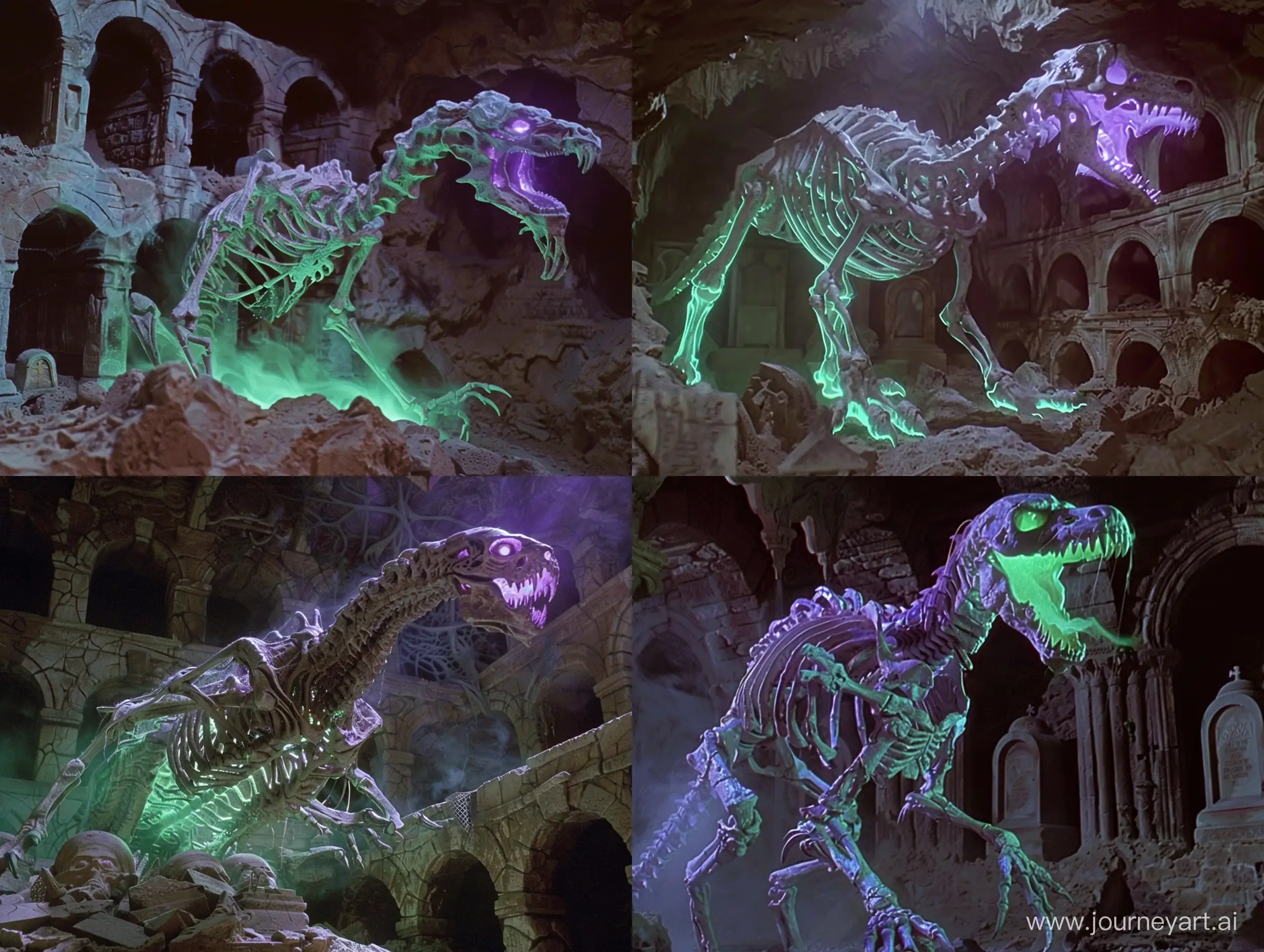 vhs dvd screengrabs character/arx fatalis ghost of an undead bone dragon glowing with a pale green purple glow within stone underground mausoleum catacomb with many arched burial vault niches dark fantasy 1980 style
