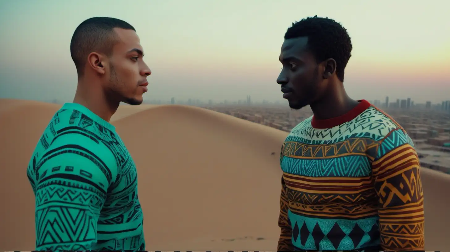 2 Handsome Black men one light skinned and the other dark skinned, wearing African print sweaters, and pants, close up, standing face to face in the dessert, A distant city in Egypt in background, Break of Dawn sky in the distance Ultra 4k, high definition, 1080p resolution, lighting is volumetric with a light greenish teal hue