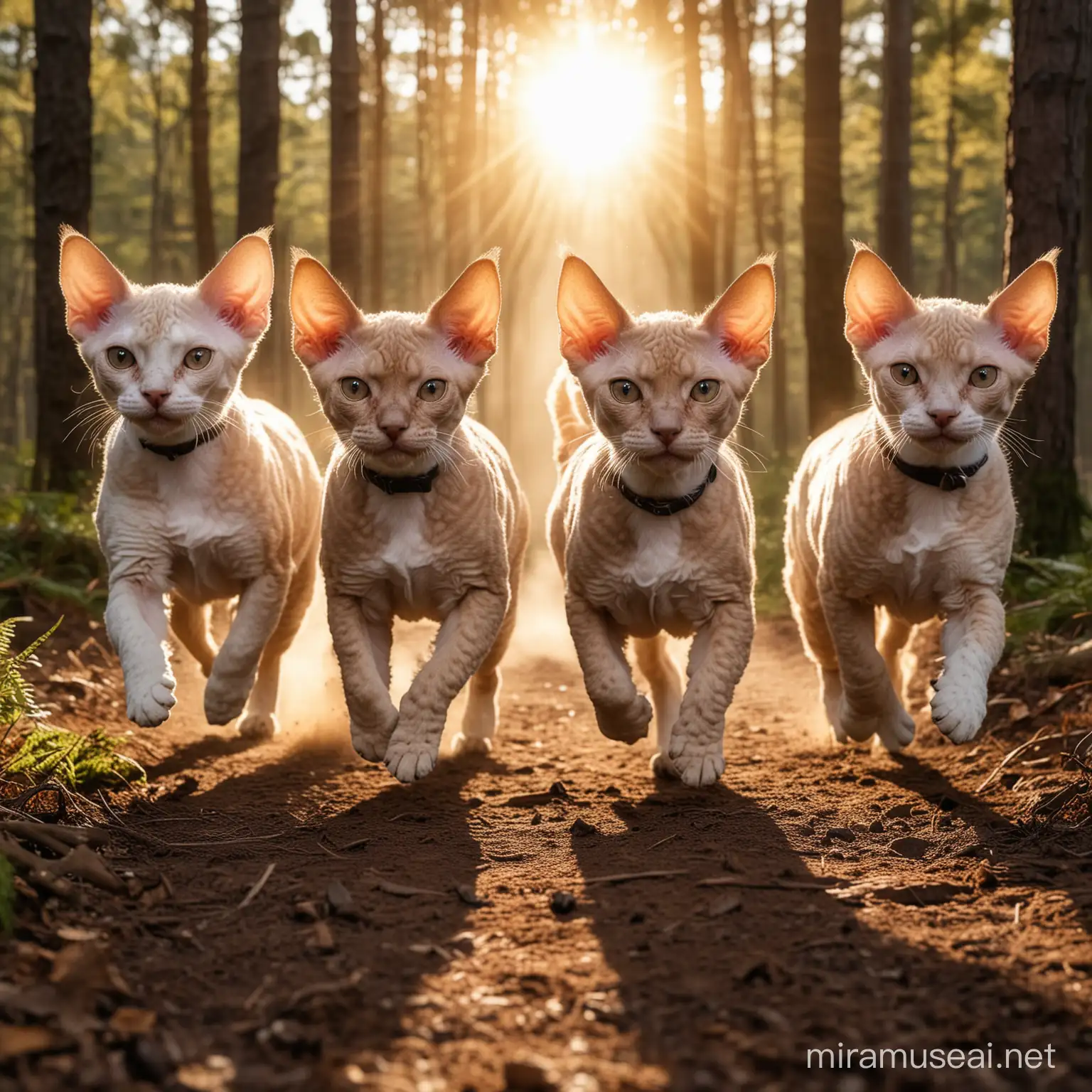 5 devon rex cats running outdoors in the forest towards the camera with magical  sunlight in the background