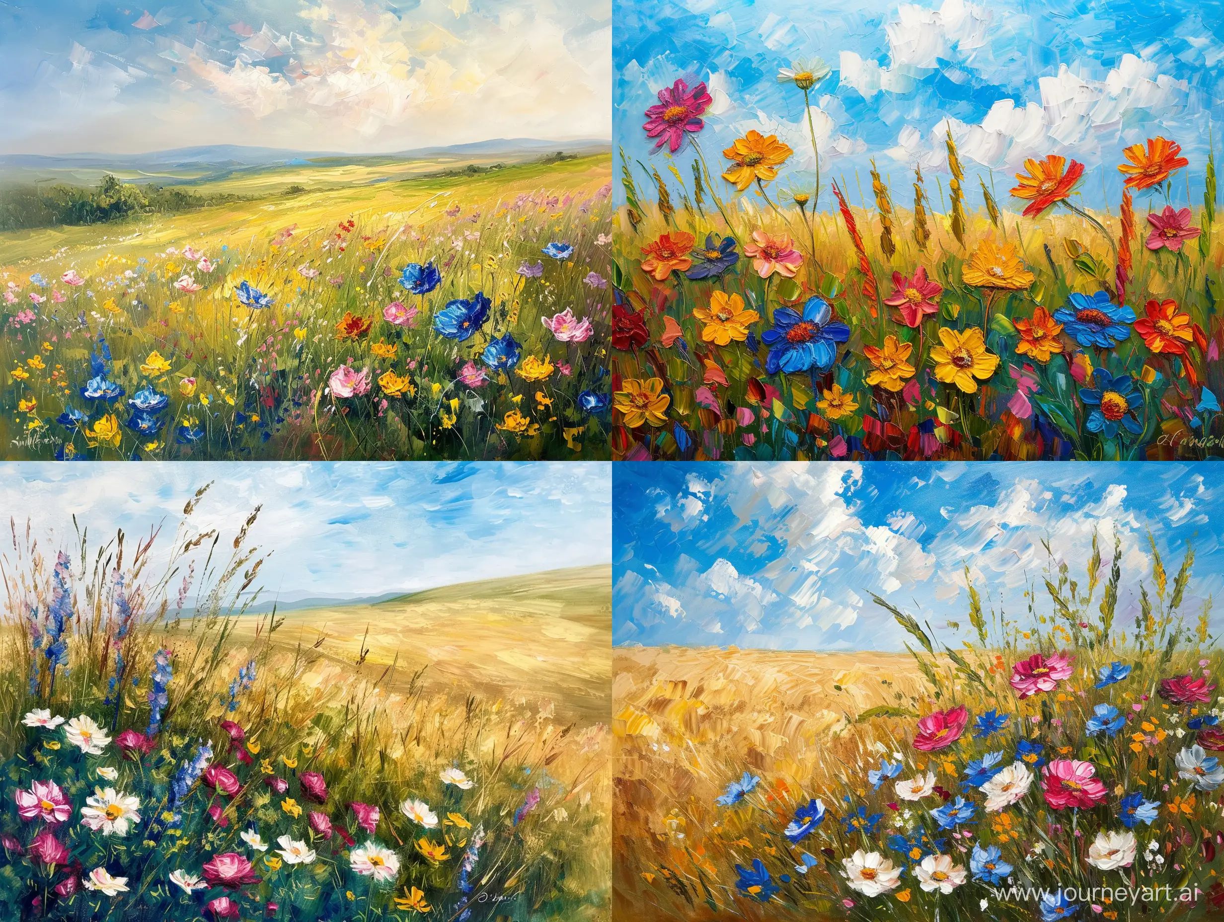 Flower oil art print landscape Vintage wild style field painting broad brush strokes visible easily