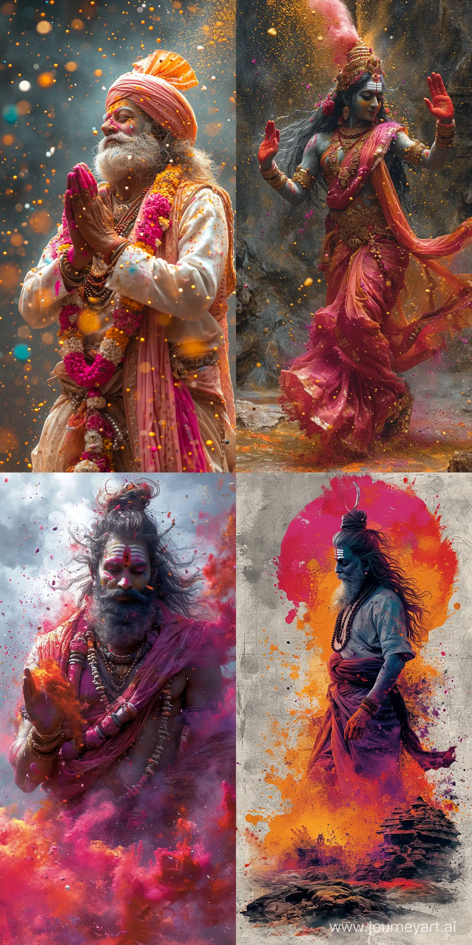 holi images with a beautiful Mahadev in Hand damru and trisul wo dancing around in colored paints, in the style of light gray and light bronze, spiritual meditations, dark gold and pink, bold and vibrant primary colors, expressive facial features, hurufiyya --ar 1:2 --stylize 750 --v 6