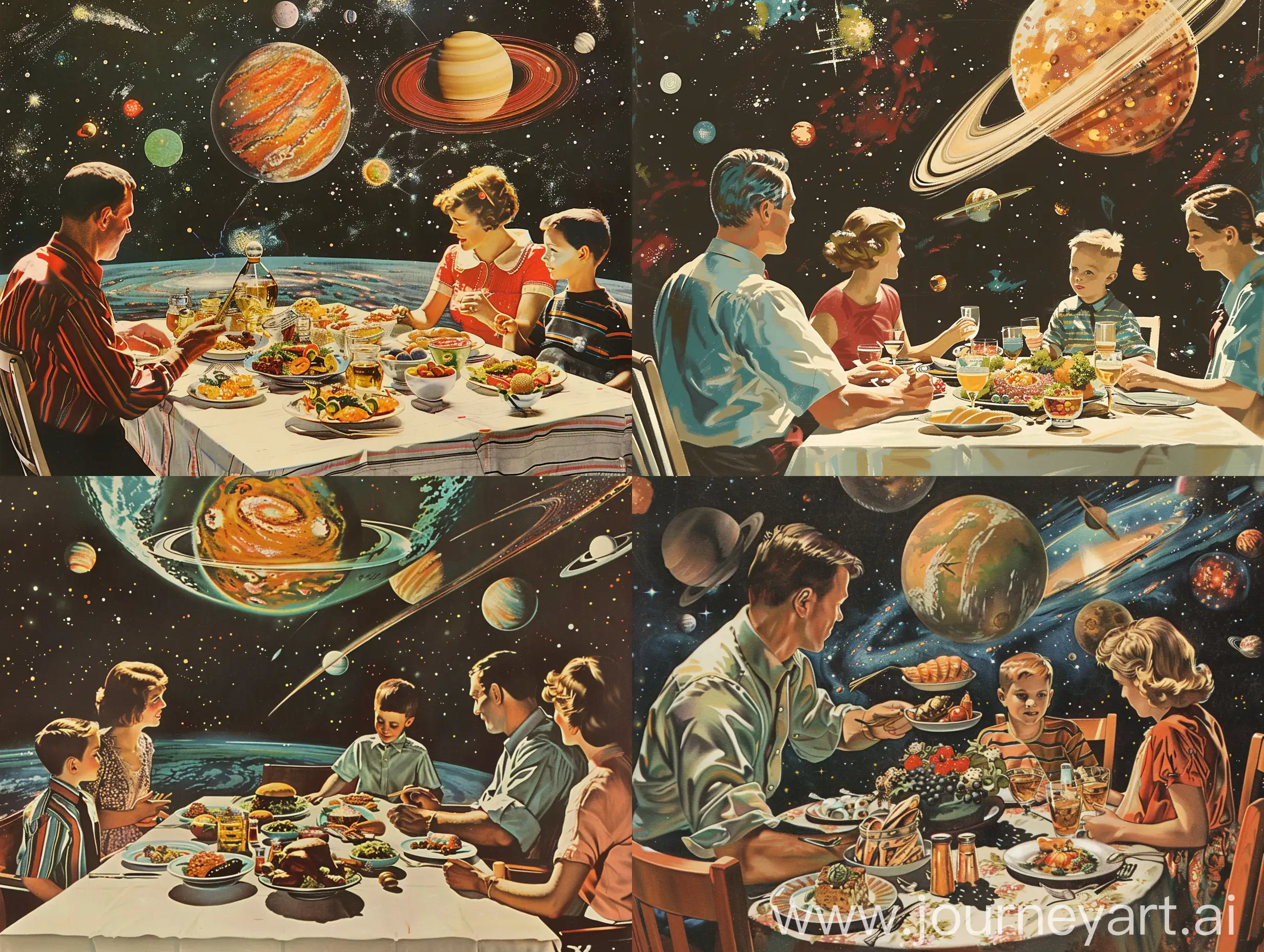 A family seated at dinner, about to enjoy a variety of unusual foods from distant galaxies. In the style of Norman Rockwell.