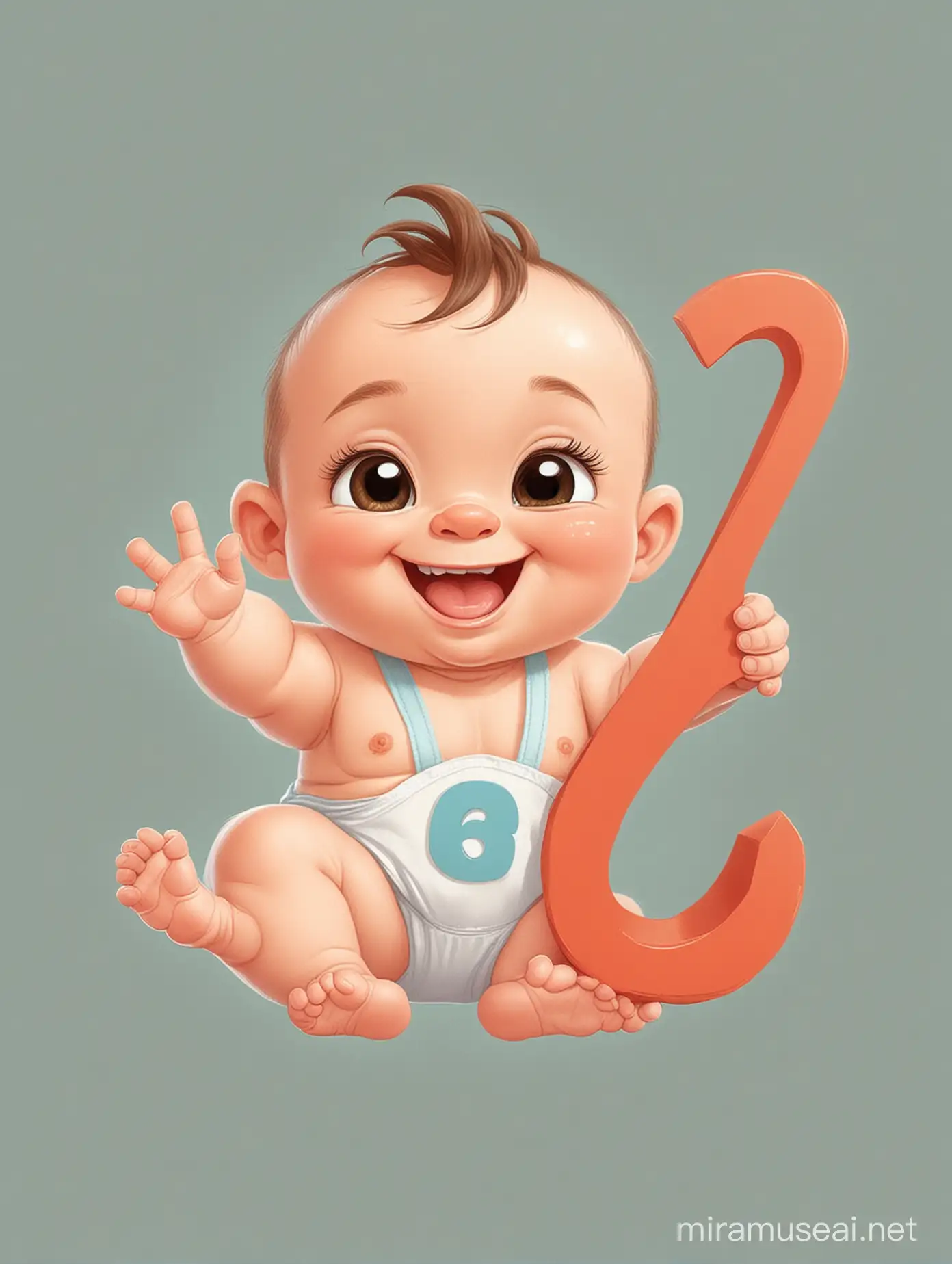 Cheerful Cartoon Baby Holding Number 6 with a Bright Smile