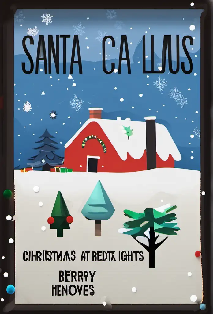 add Santa Claus, add 1 christmas tree, add 2 evergreen trees, remove the text, add christmas lights