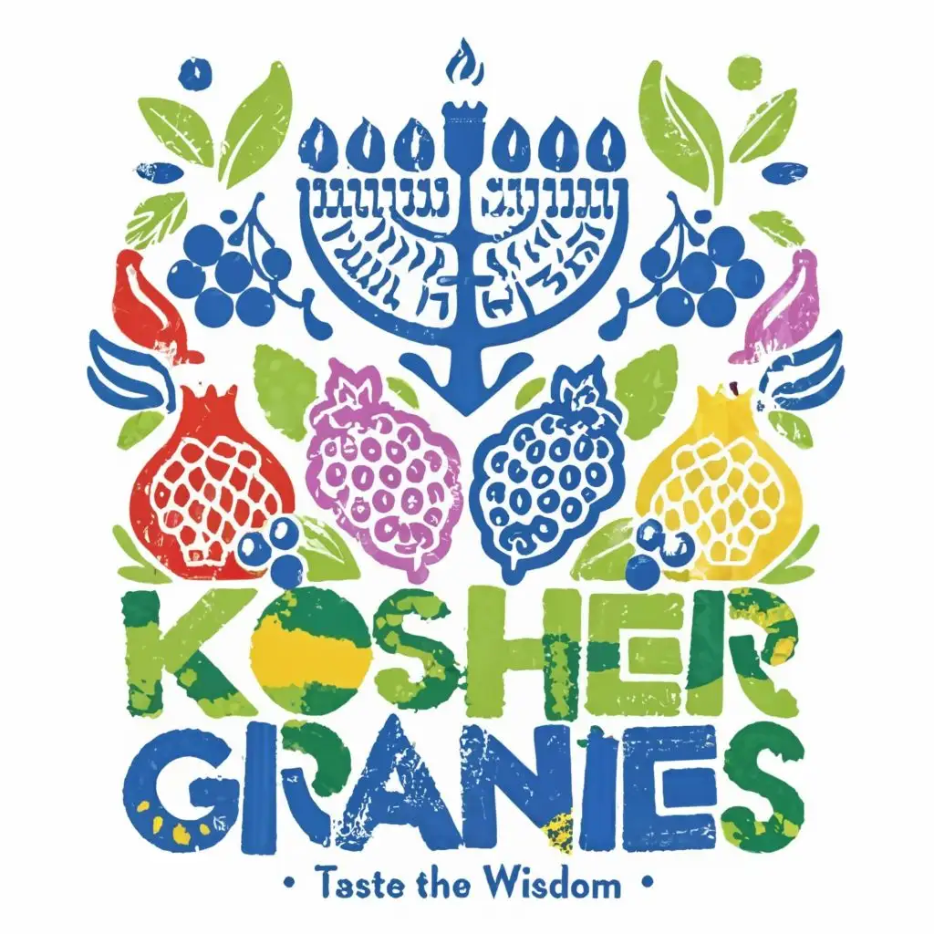 LOGO-Design-For-Kosher-Grannies-Vibrant-Yellow-Blue-with-Pomegranate-and-Menorah-Motifs