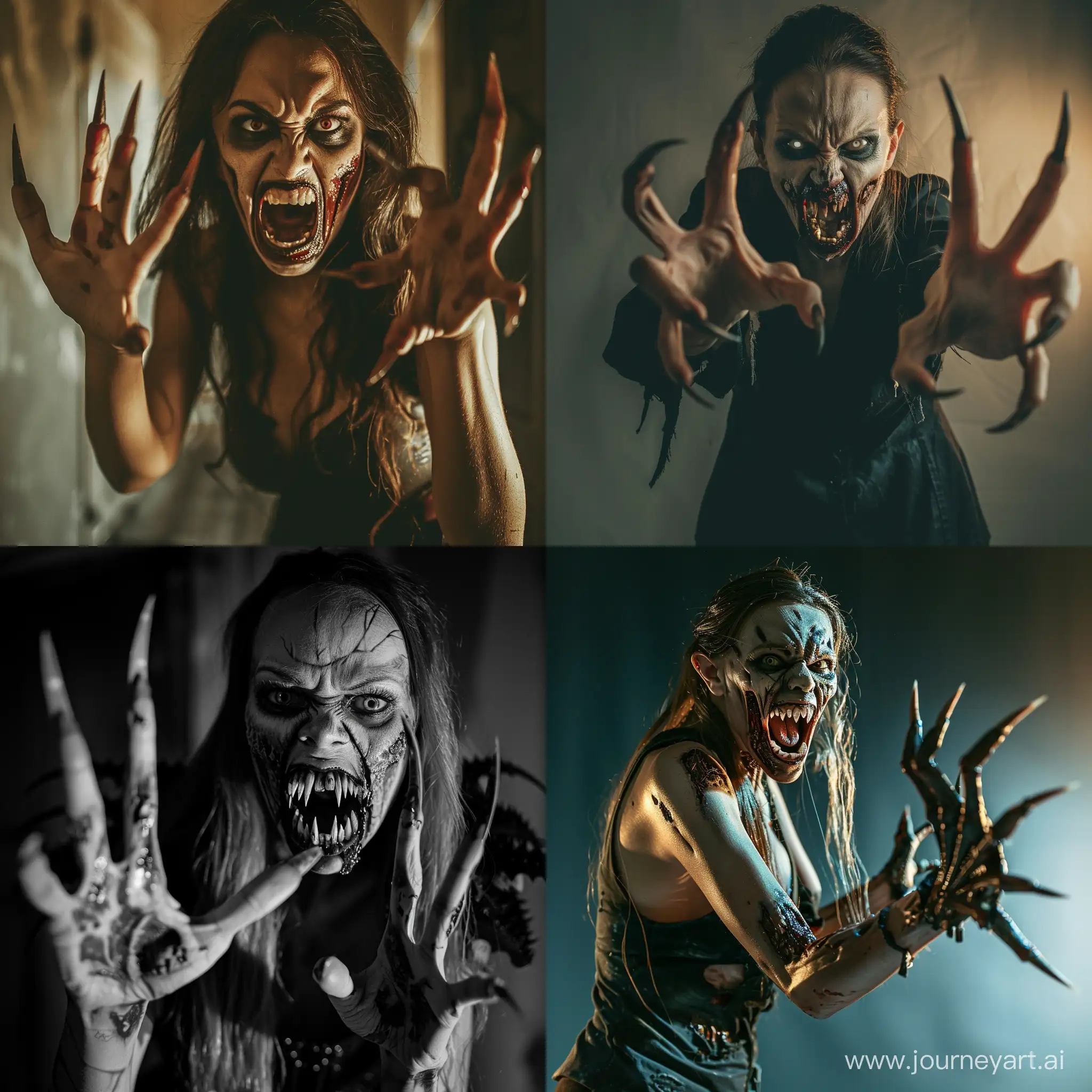 A horrible-looking zombie woman with long pointed nails on her five-fingered hands, her mouth dangerously open exposing a pointed row of fangs, she stands in a threatening pose, ready to attack her victim