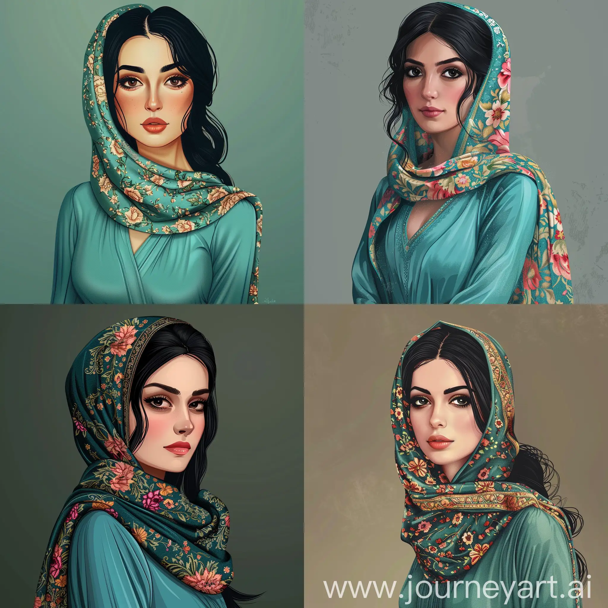 intricate vector art portrait of beautiful woman, Persian appearance, perfect Dark navy color eyes and black hair, modest turquoise dress of the Sultana, wearing a floral pattern traditional iranian scarf that a part of hair is coming out from under the scarf , vector art illustration style ,anime painting style, no vibranced image, simple background, perfect composition, 32k --style raw --v 6 