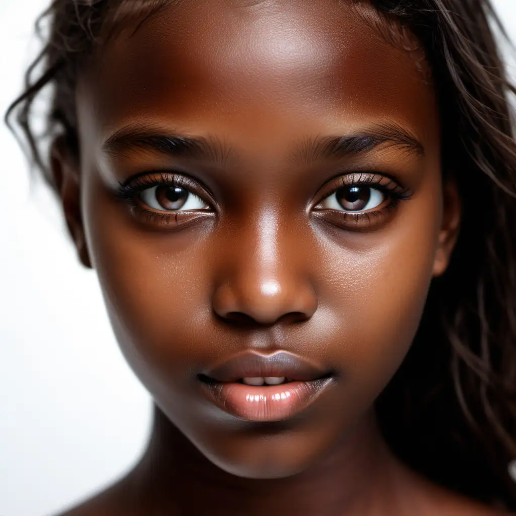 A UP CLOSE, FACE FOWARD portrait of a a beautiful natural skin, super dark skinned young girl, brown hair, natural lips, facial features heavily pixelated, covering the entire face and should be clear and detailed. The background should be white.