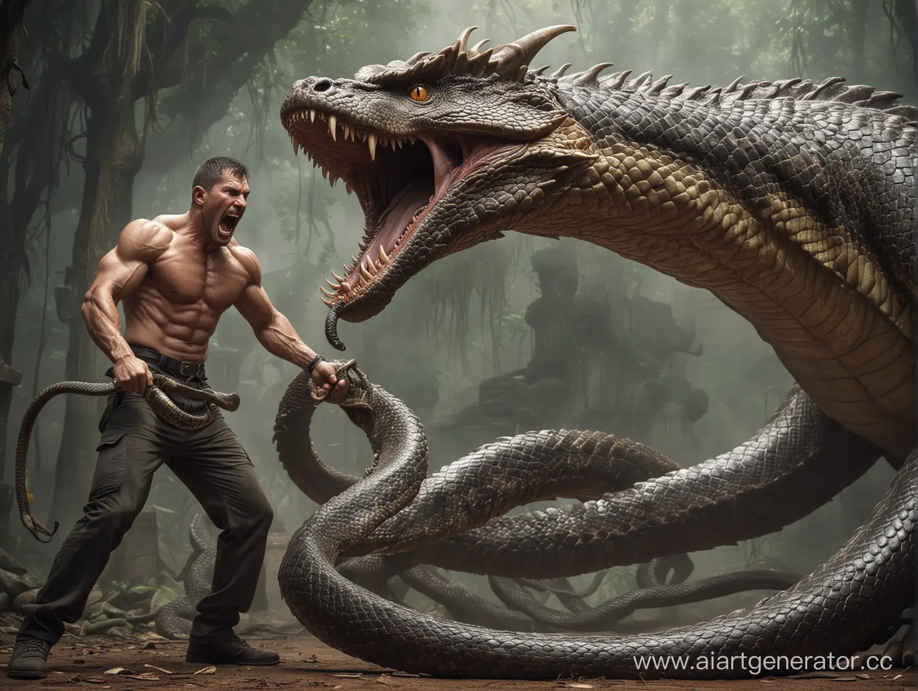 Muscular-Man-Confronts-Monstrous-DragonSnake-in-Intense-Struggle