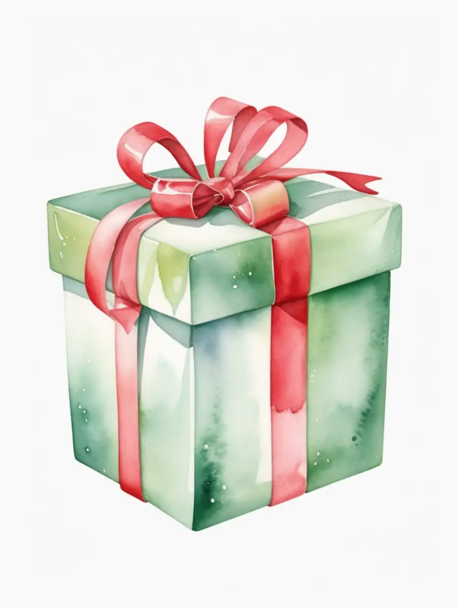 bílé pozadí, akvarel ilustrace, zabalený dárek v podobě krabice, zeleno červené balení
