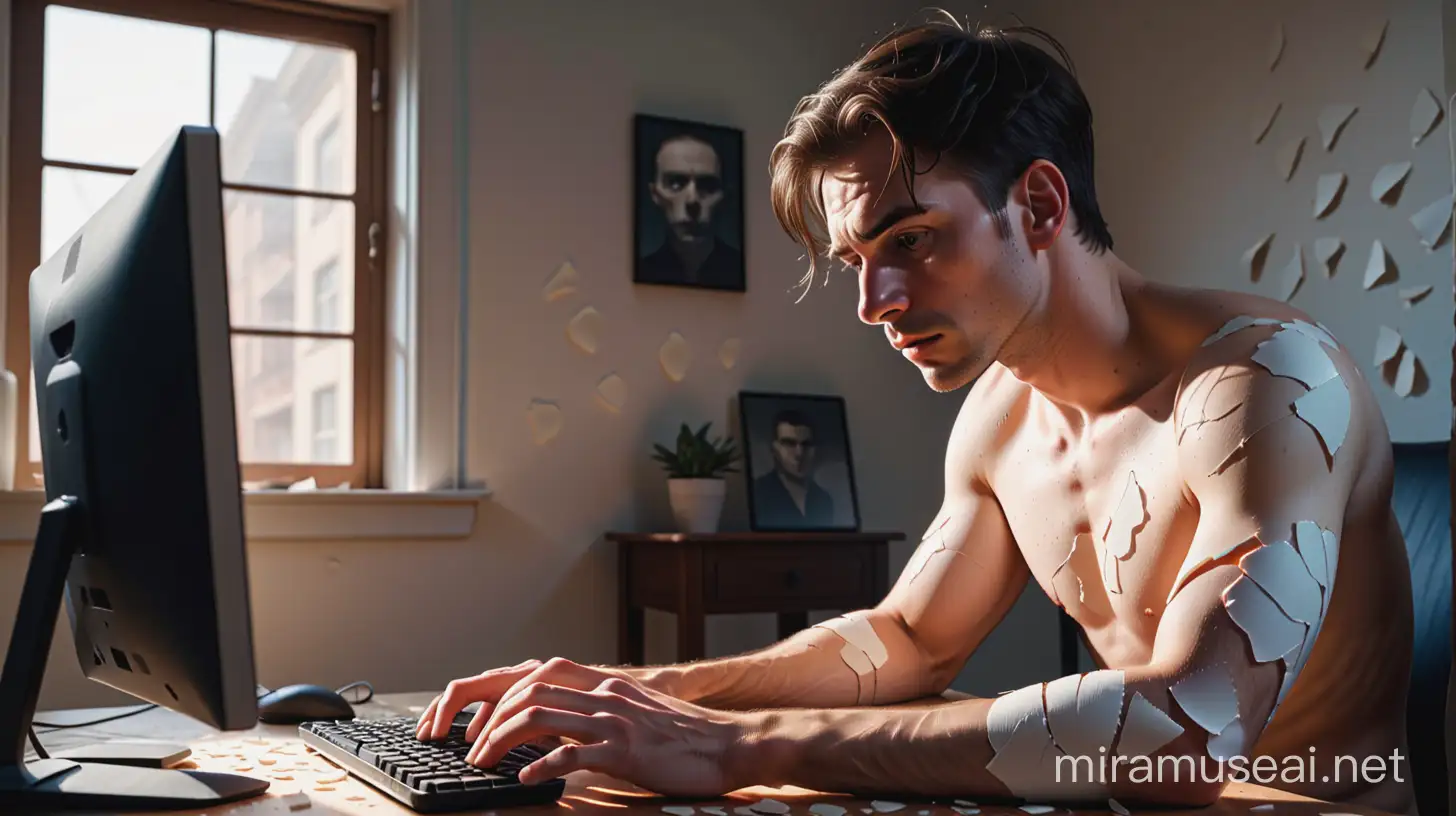 一个男人坐在电脑前，双手放在键盘上，眼睛盯着屏幕，将男人的身体变成鸡蛋壳的材质，并在身体上添加裂缝和破碎的纹理，在破碎的边缘添加阴影，将男人的表情调整为疲惫或空洞