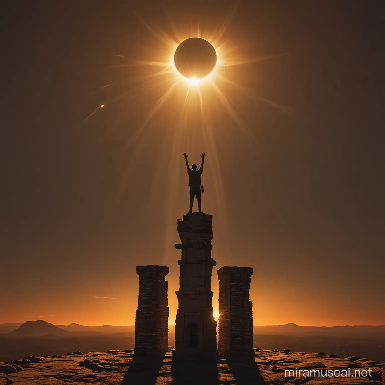 Man Standing on Tower Under Total Solar Eclipse