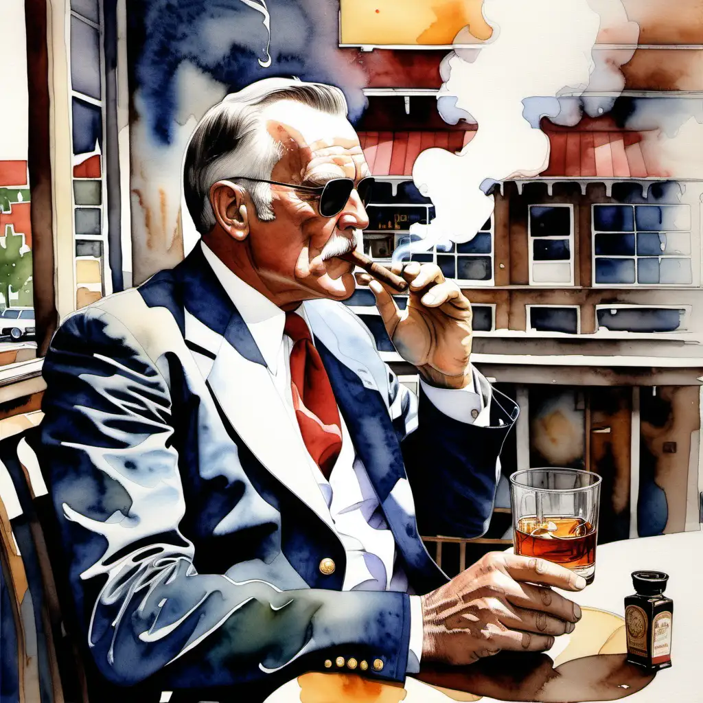 Colonel Ramsey Enjoying Cigar and Whiskey at Cafe Un Poco 1971 Abstract Watercolor