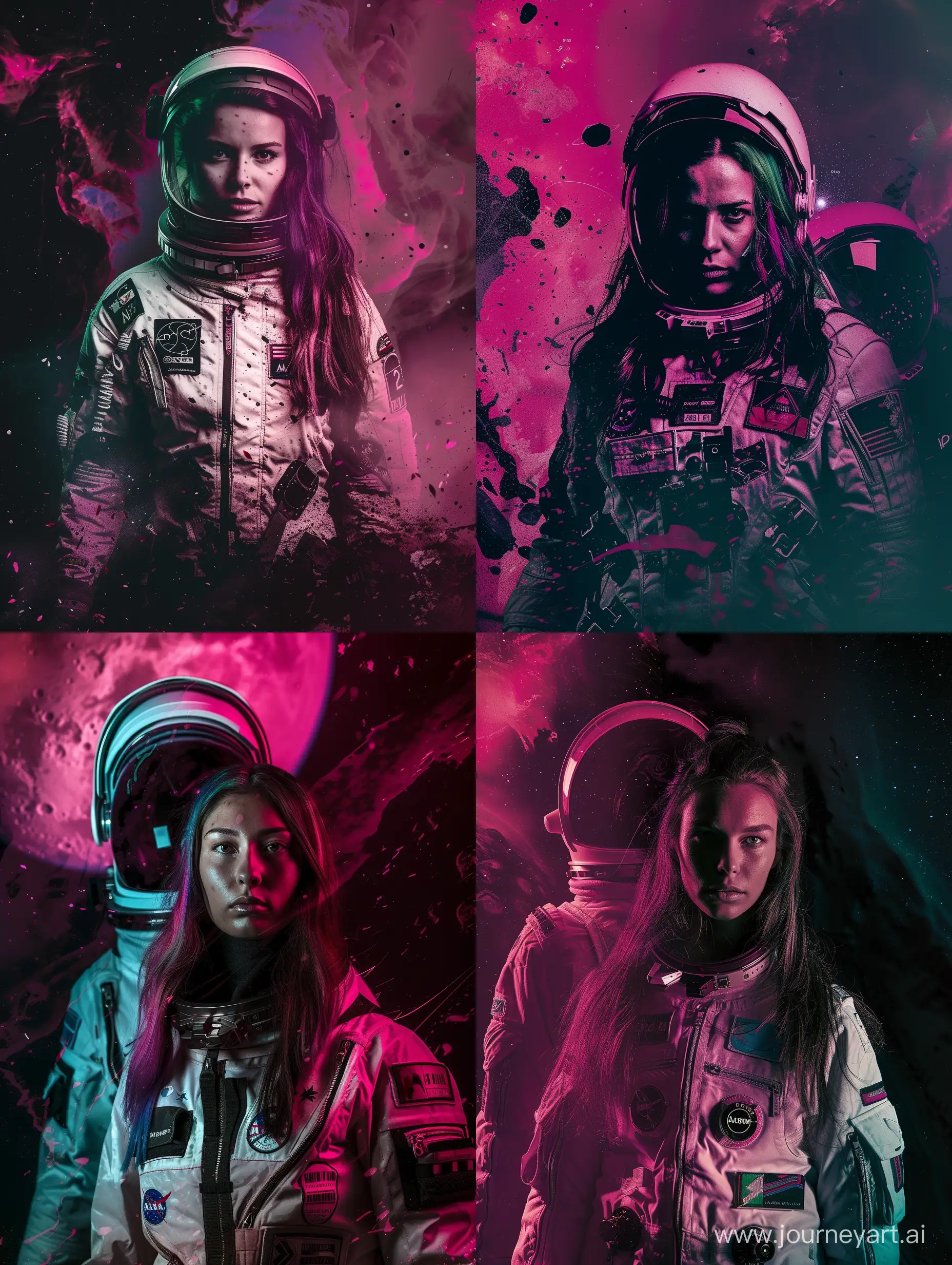 In this image, we see a woman wearing a space suit standing in front of a dark background. The dominant colors are black and pink, with the accent color being a deep burgundy. The woman's face is the main focus of the image, as she stares directly at the camera with an intense expression. She appears to be around 21 years old and has long hair that is dyed in vibrant shades of purple, blue, and green.

The woman's outfit consists of a white space suit with various patches and logos on it. A close-up shot reveals intricate details such as zippers and buttons on her suit. Her helmet is partially visible behind her head, adding to the futuristic feel of the image.

Behind her stands what appears to be outer space or some kind of abstract background filled with stars and galaxies. This adds to the overall theme of exploration and adventure portrayed by this photograph.
