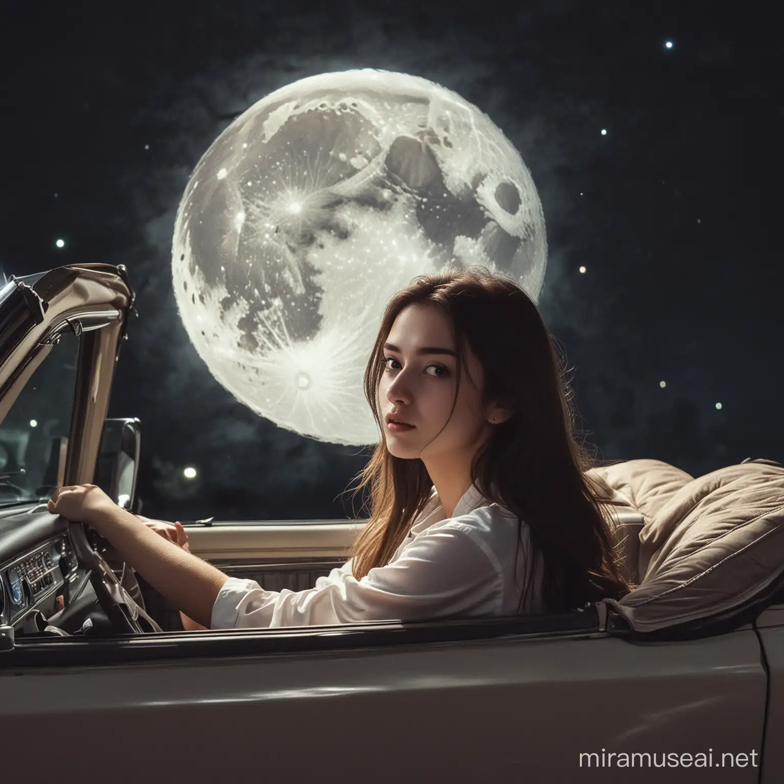 Girl Gazing at Moon from Car Window