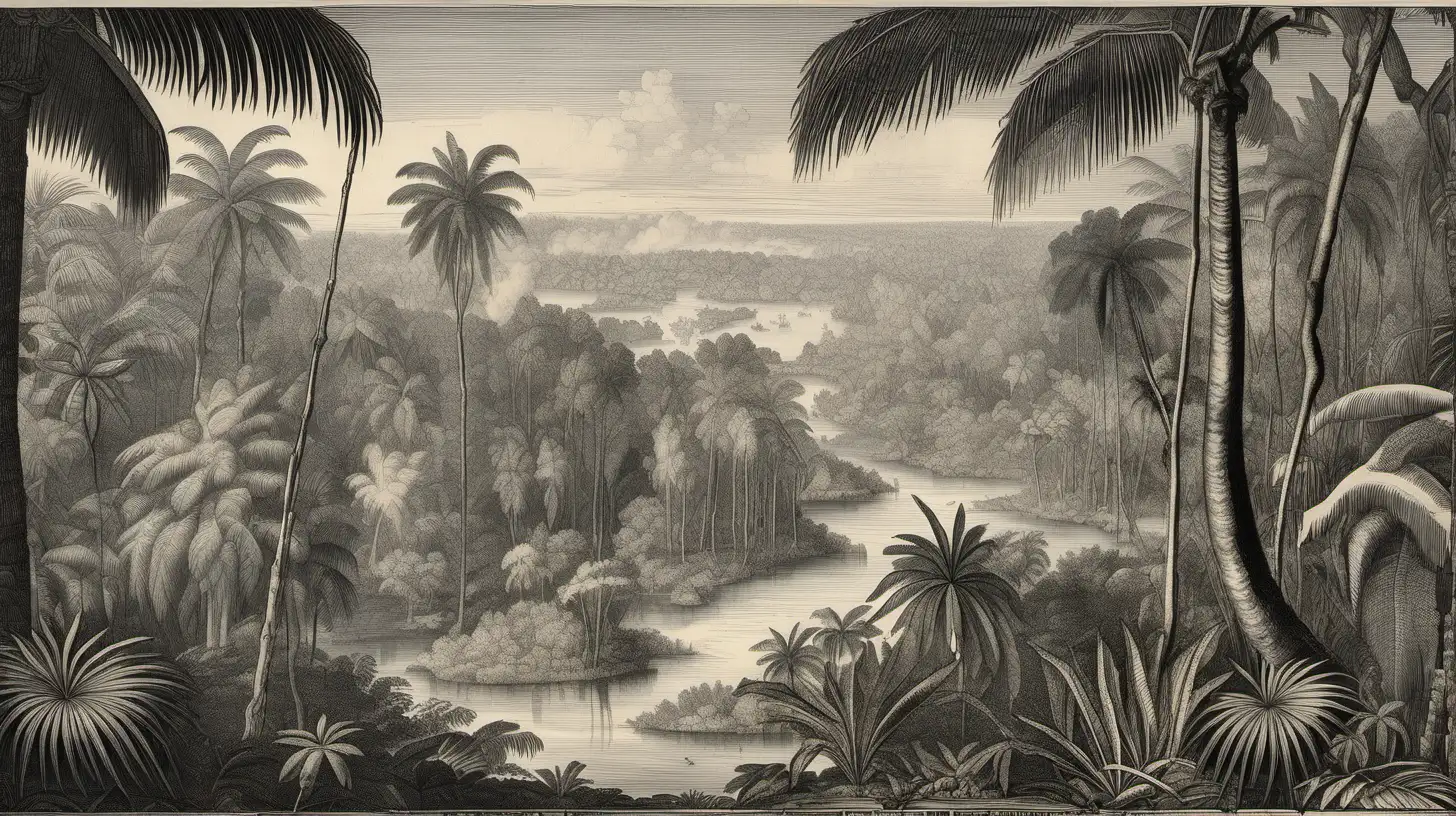 A 16th century landscape of the Amazon jungles without any human figures or human traces. In the engraving style of Theodore the Bry. Duotone