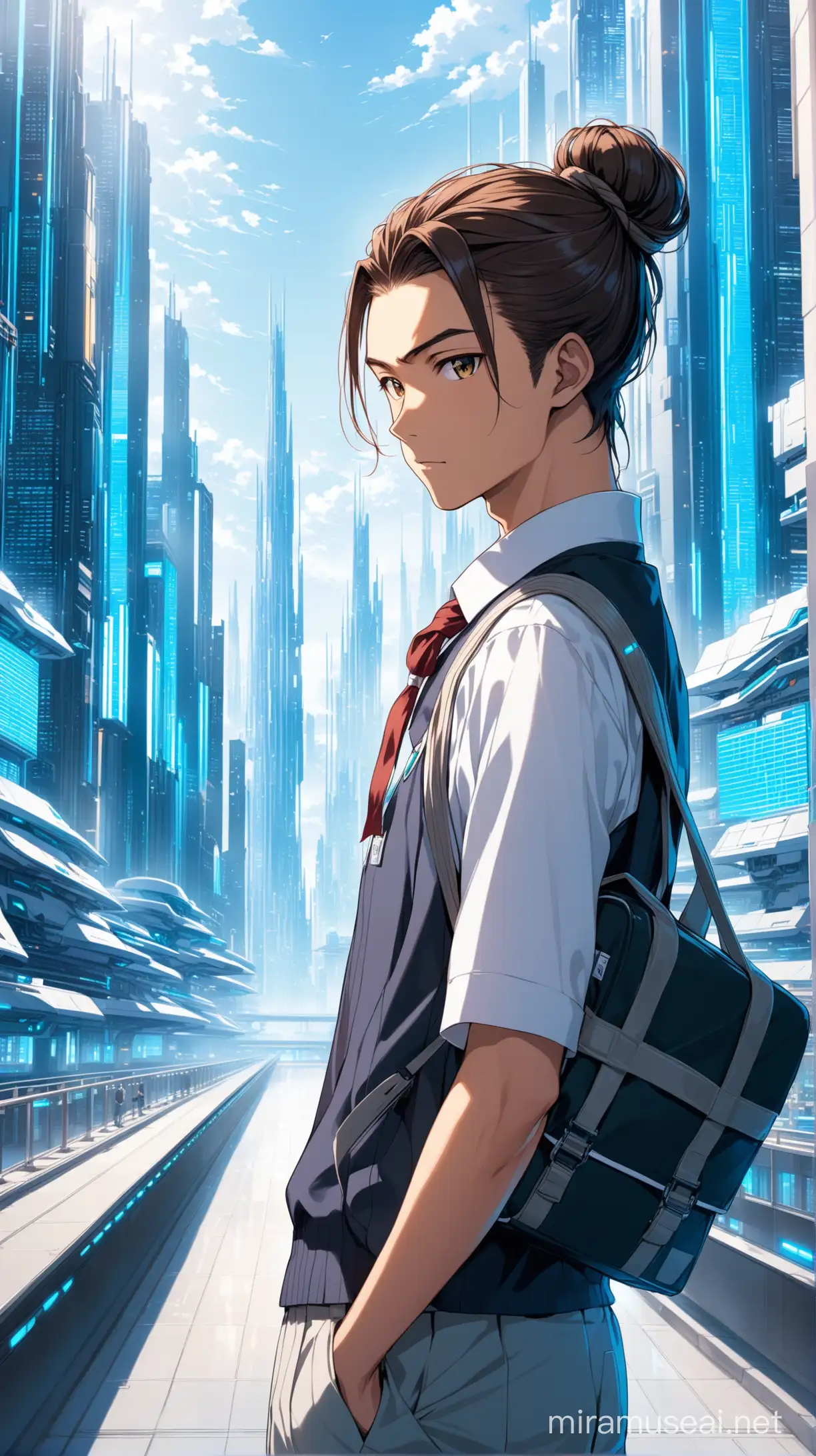 Japanese Young Man in Futuristic City Private School Uniform