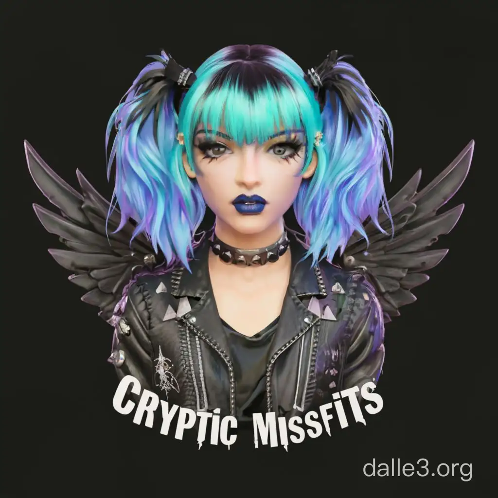 Create a 4d image of a goth woman with blue and purple hair blue eyes wearing a studded leather jacket with black wings behind her back with the words Cryptic Missfits spelled correctly at the bottom of the image cartoon style drawing 