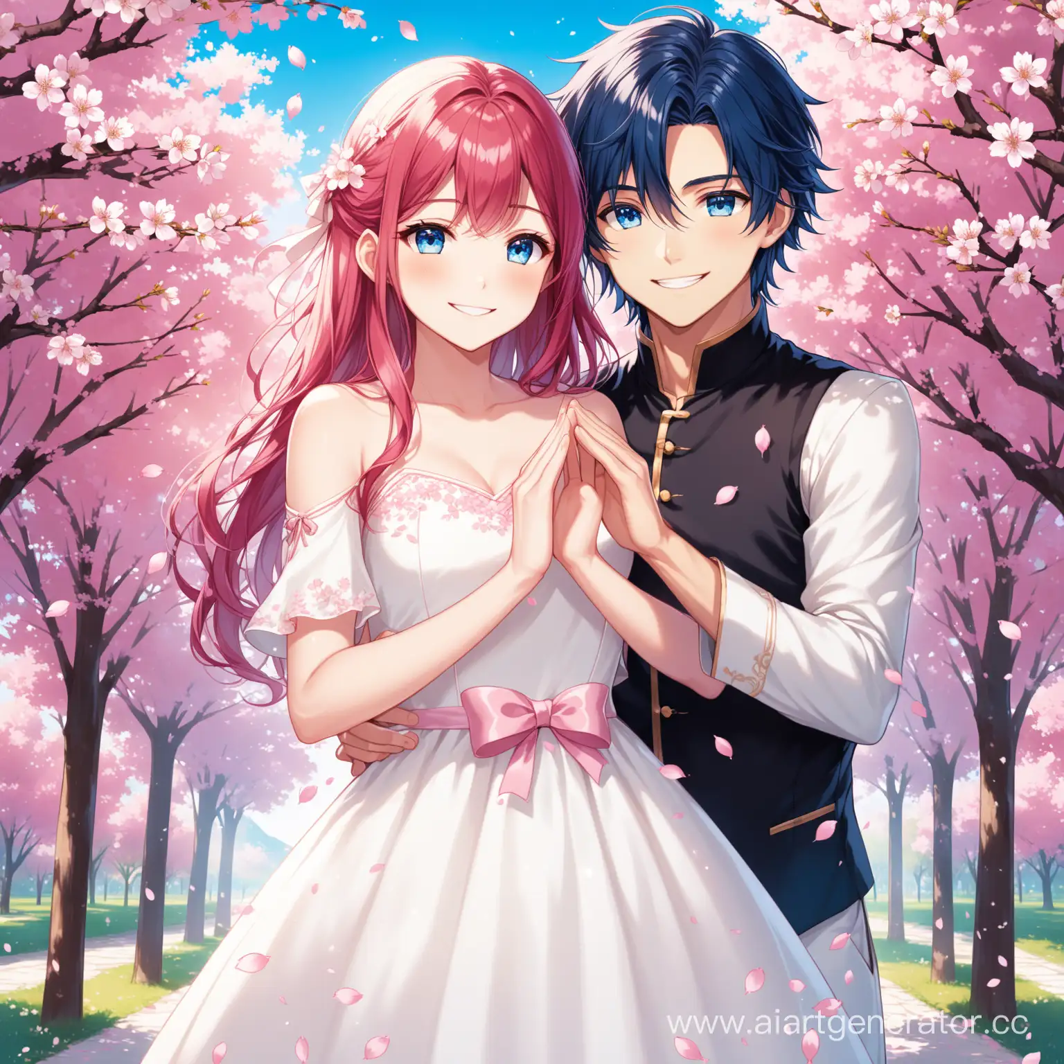 Sister-with-Rosy-Hair-and-Guy-with-Dark-Blue-Hair-Holding-Cherry-Blossom-Petals